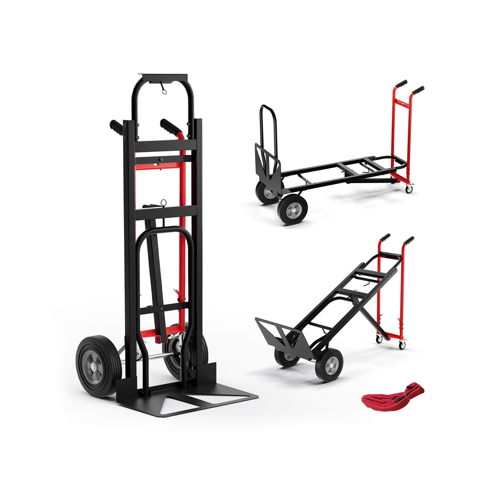 Muunneltava 3-in-1 metallinen nokkakärry, jossa 4 kumipyörää, enimmäiskuorma 450 kg, musta + punainen