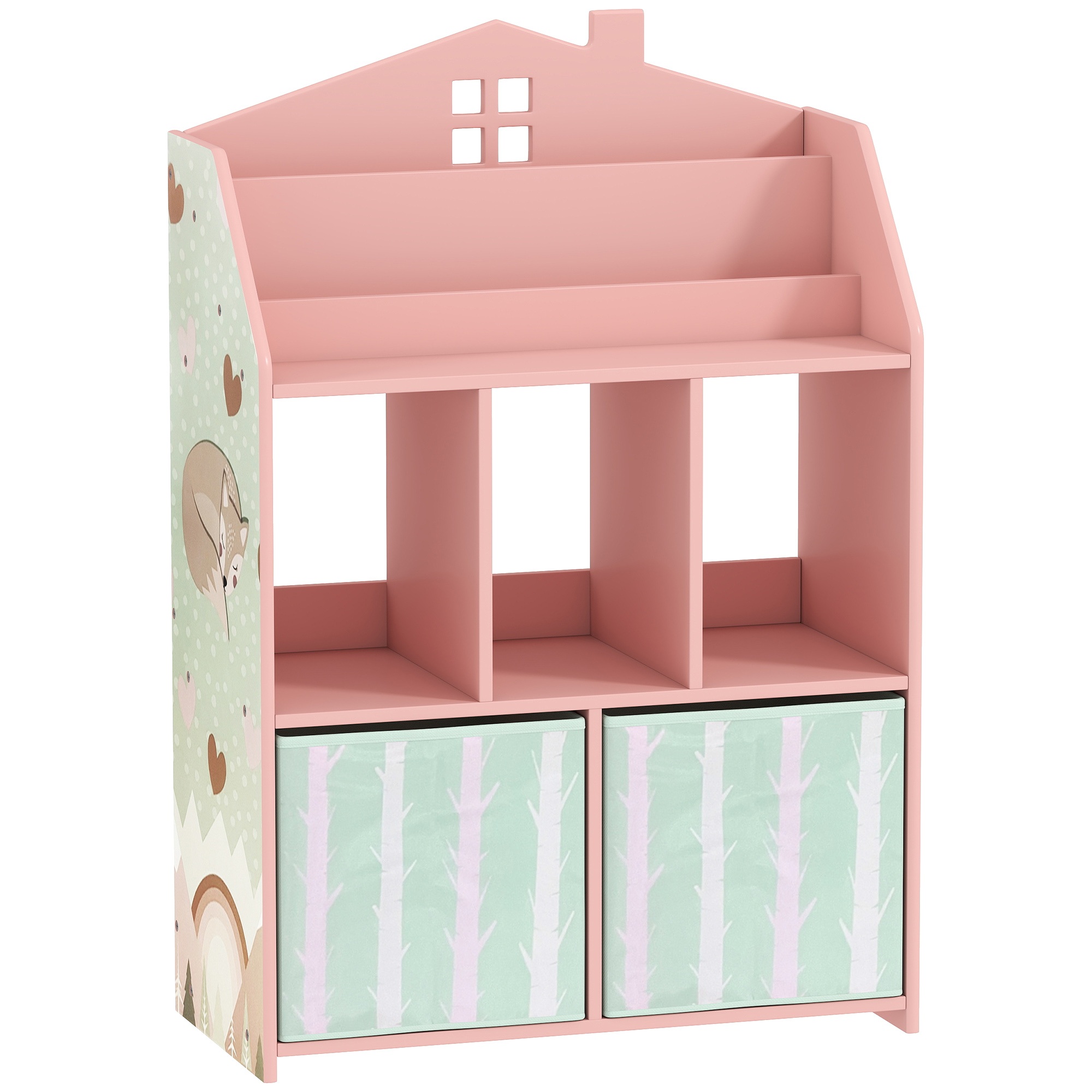 Lasten kirjahylly kahdella kangaslaatikolla, avohylly 3-8-vuotiaille, 62,5x30x91,5 cm, pinkki