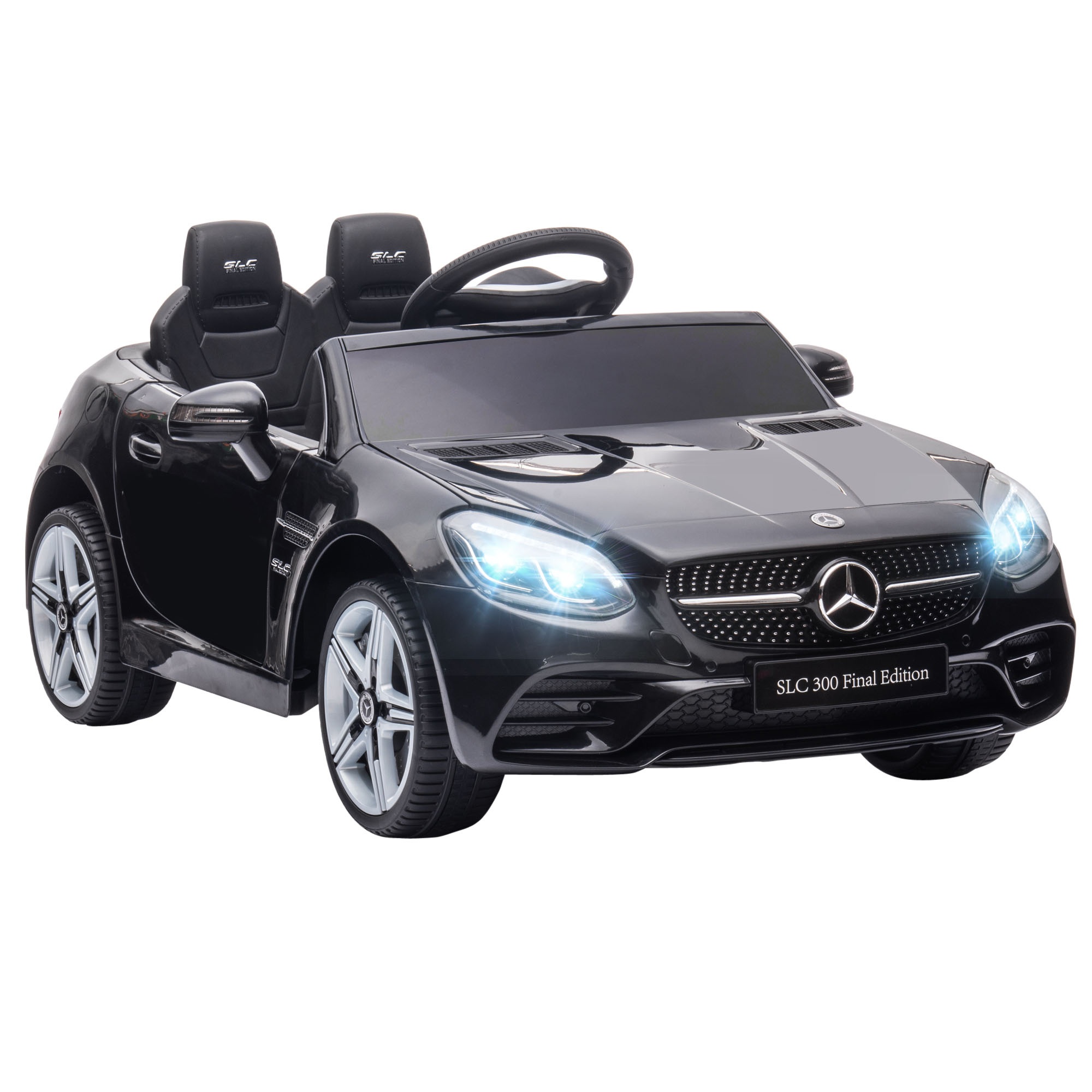 Lasten sähköauto, LED-ajovalot, turvavyö, äänimerkki, musiikki, 3-5 km/h, musta, 107 x 62,5 x 44 cm
