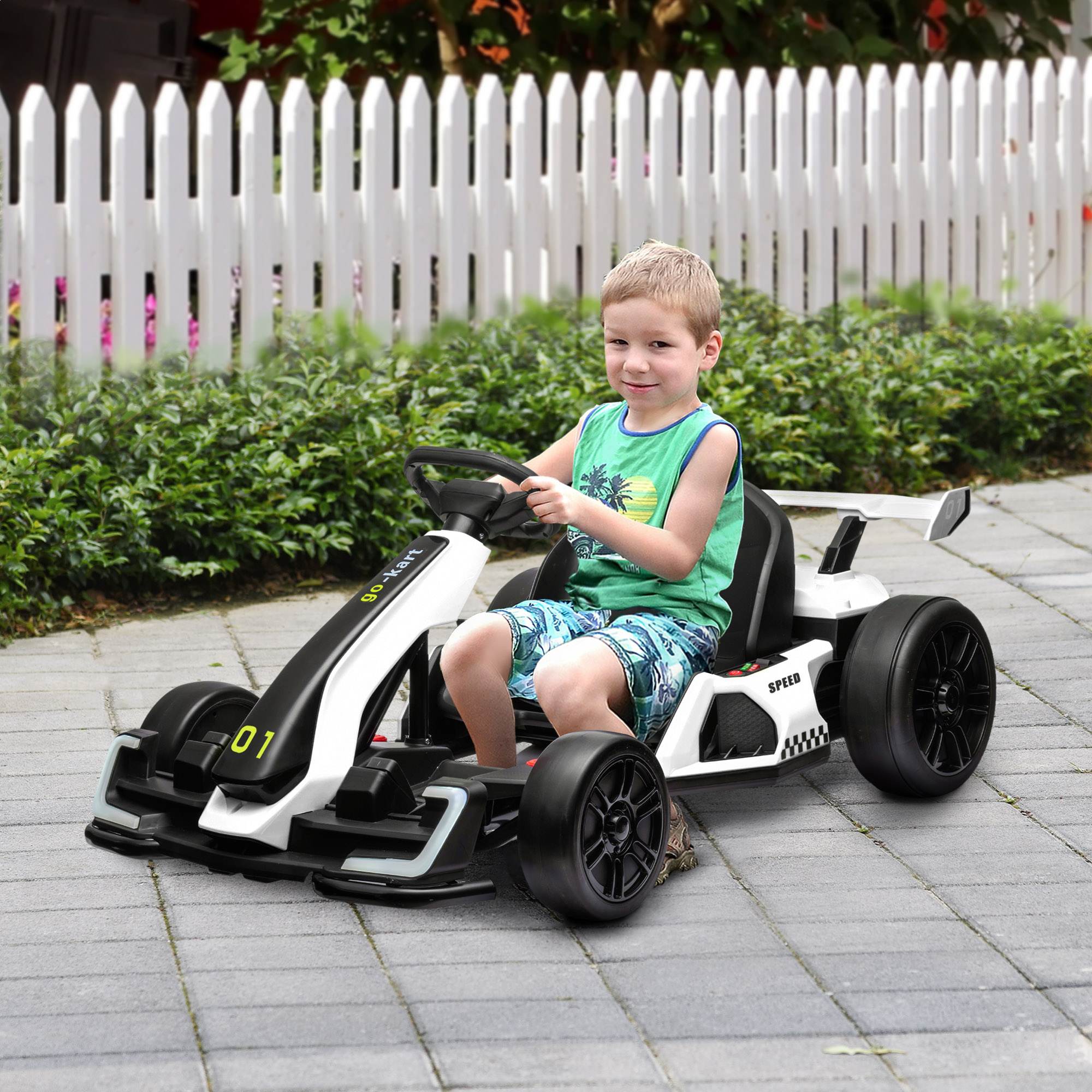 4 V sähköinen lasten kartingauto, jopa 12 km/h, karting-auto driftaustoiminnolla, 2 moottoria, säädettävä istuin, pehmeä käynnistys
