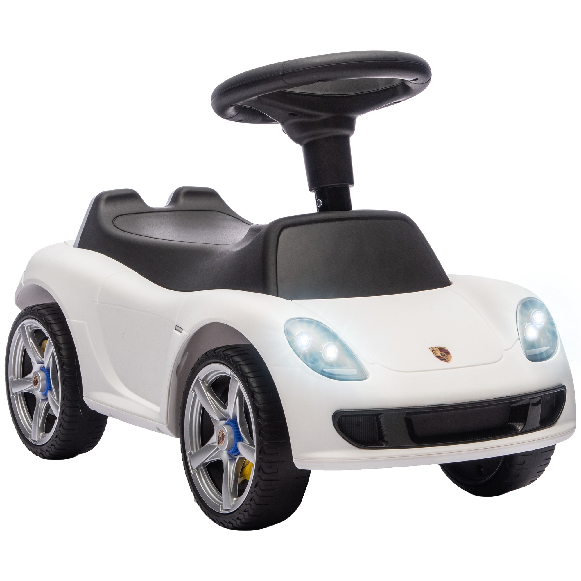 Porsche-lasten ajoauto, jossa on äänimerkki, valot ja moottorin äänet, 18–36 kuukauden ikäisille, valkoinen
