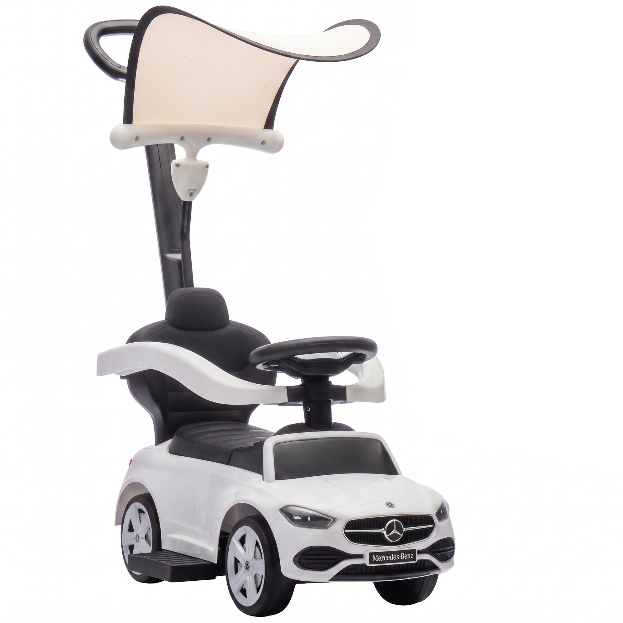 3-in-1-ajettava auto työntötangolla, Mercedes-Benz-ajettava ajoneuvo ohjauspyörällä, äänitorvi, musiikki, katto, istuinsäilytystila, valkoinen