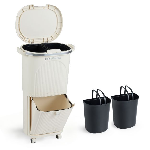 37,9 l keittiön roskakori, kaksikerroksinen, kansi ja 2 irrotettavaa ämpäriä - beige