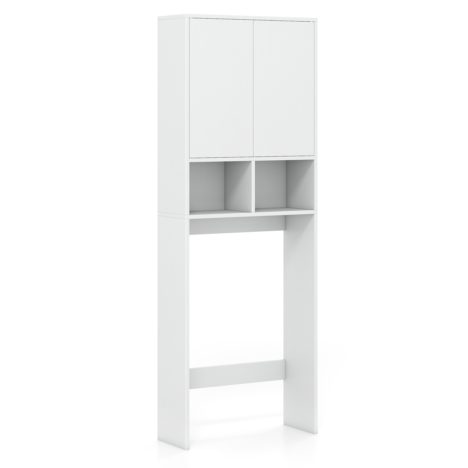 WC:n yläpuolelle asennettu erillinen hylly ja wc:n taakse tilava kaappi kahdella ovella ja kahdella avoosastolla, 60 x 23 x 166 cm, valkoinen