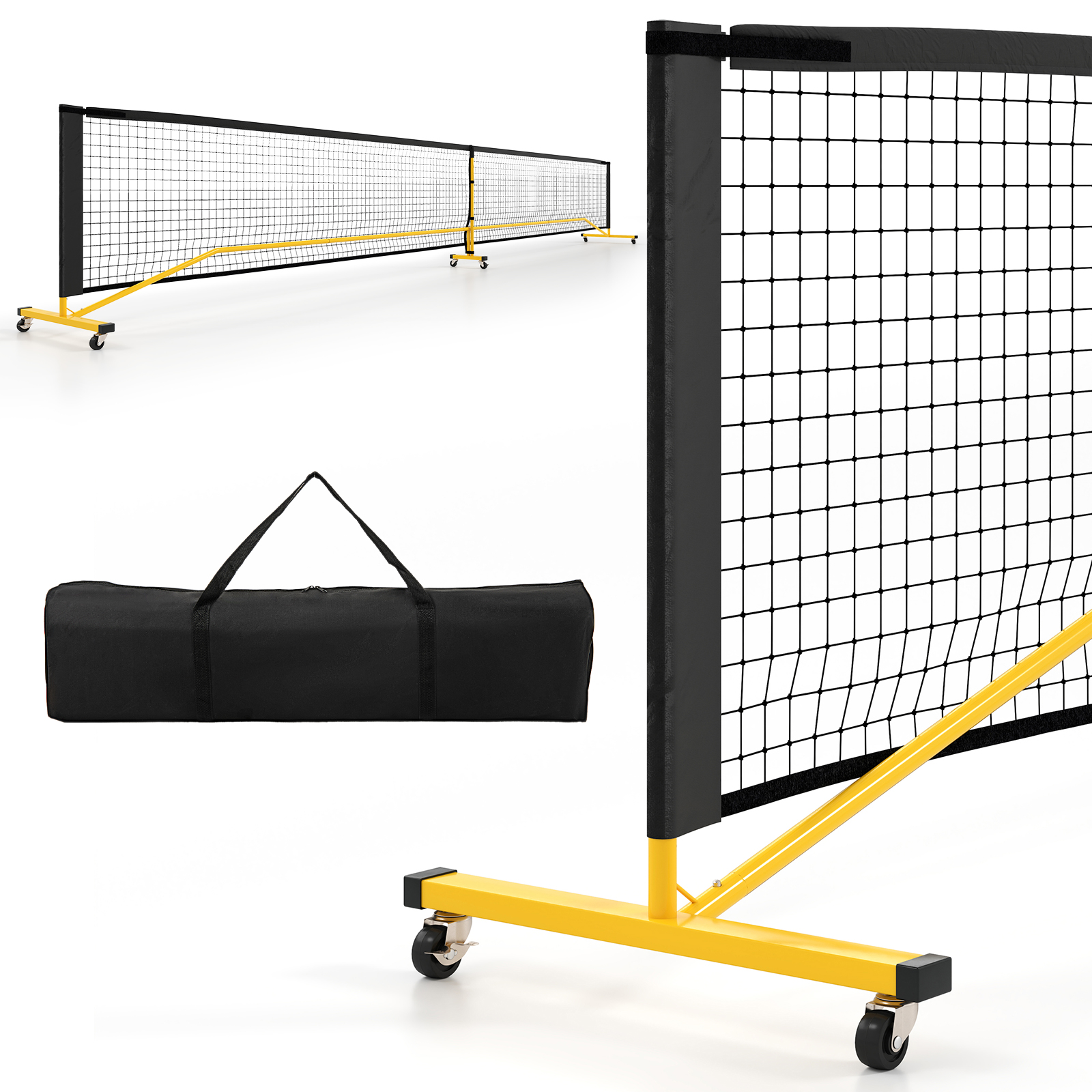 671 cm kannettava pickleball-verkko, jossa on 6 lukittavaa pyörää ja kantolaukku