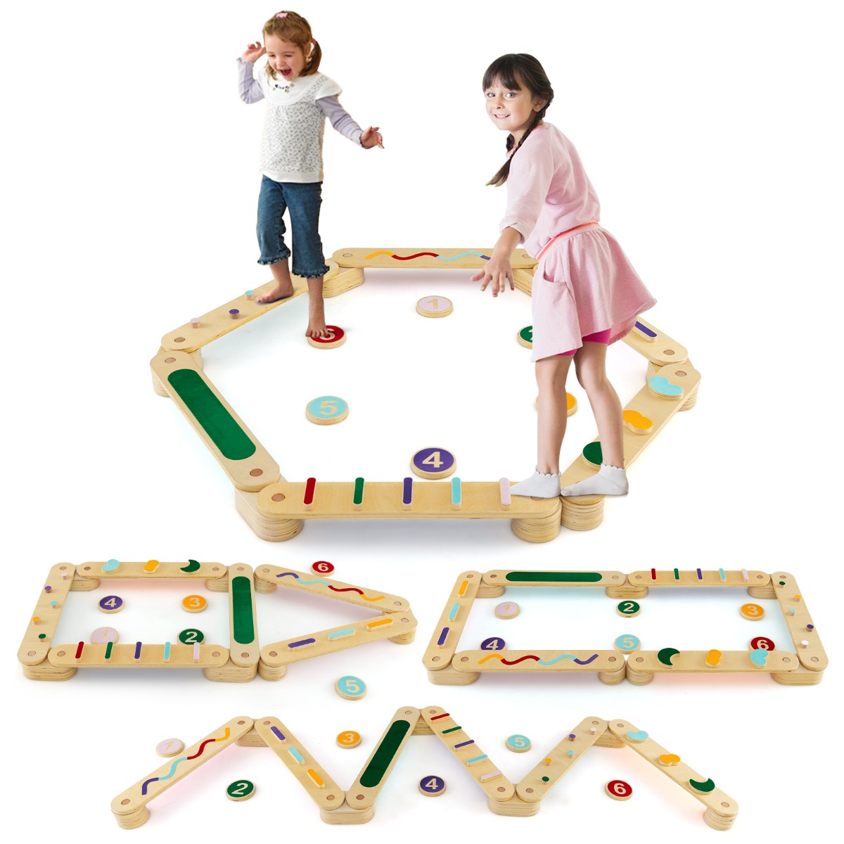 Montessori-tasapainopuomisetti, puiset tasapainolaudat askelkivien kanssa