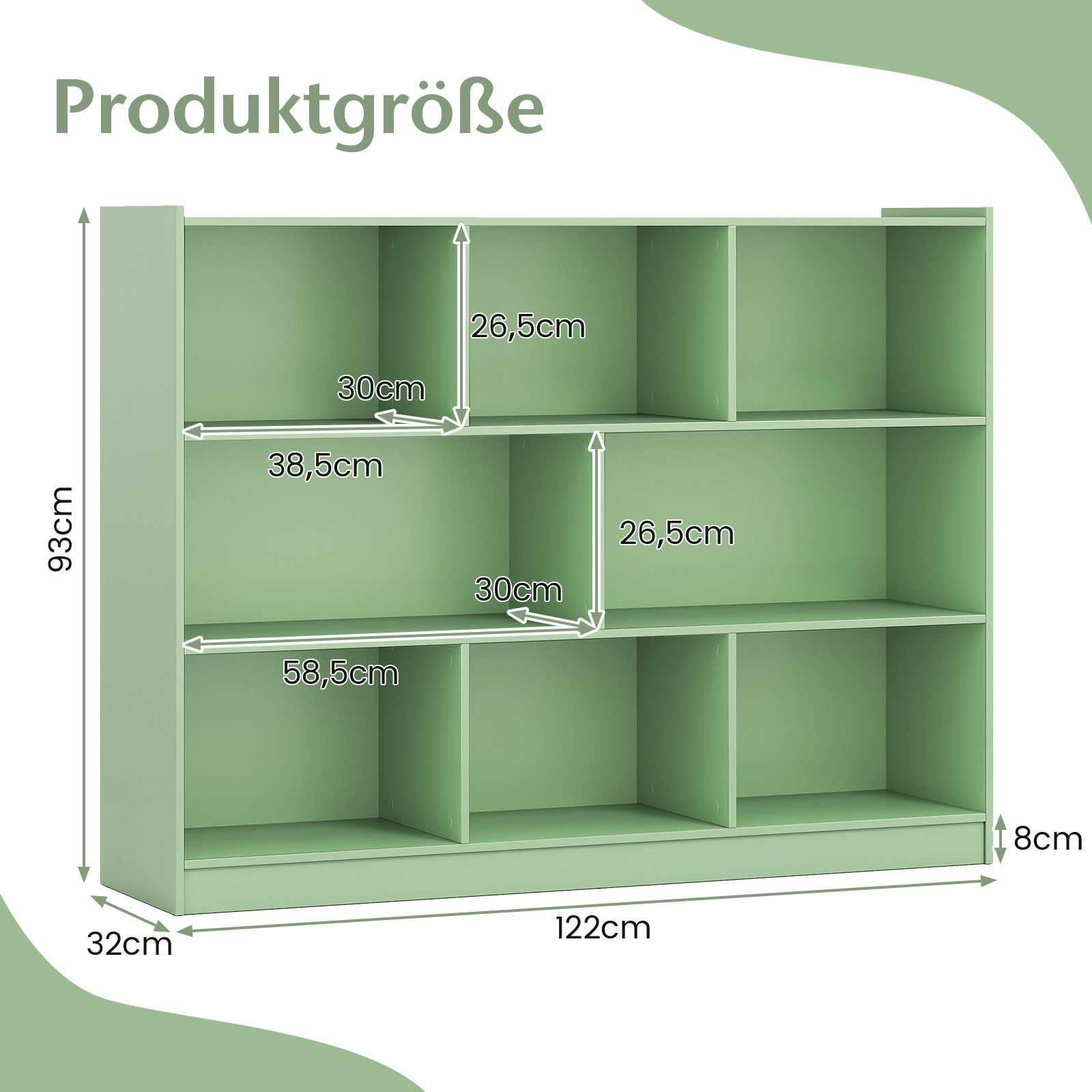 3-kerroksinen puinen kirjahyllykkö 8 avoimella lokerolla, avoimet kuutiot, 122 x 32 x 93 cm, oliivinvihreä