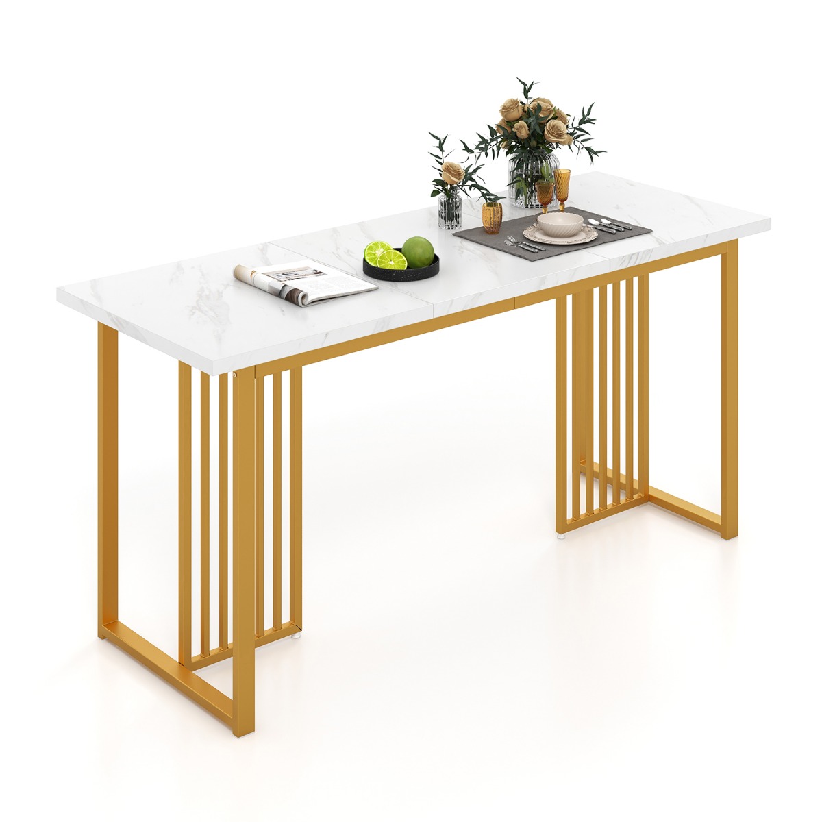 Marmorimitatsiooniga suure lauaplaadiga kaasaegne söögilaud 6–8 inimesele (160 x 60 cm) valge