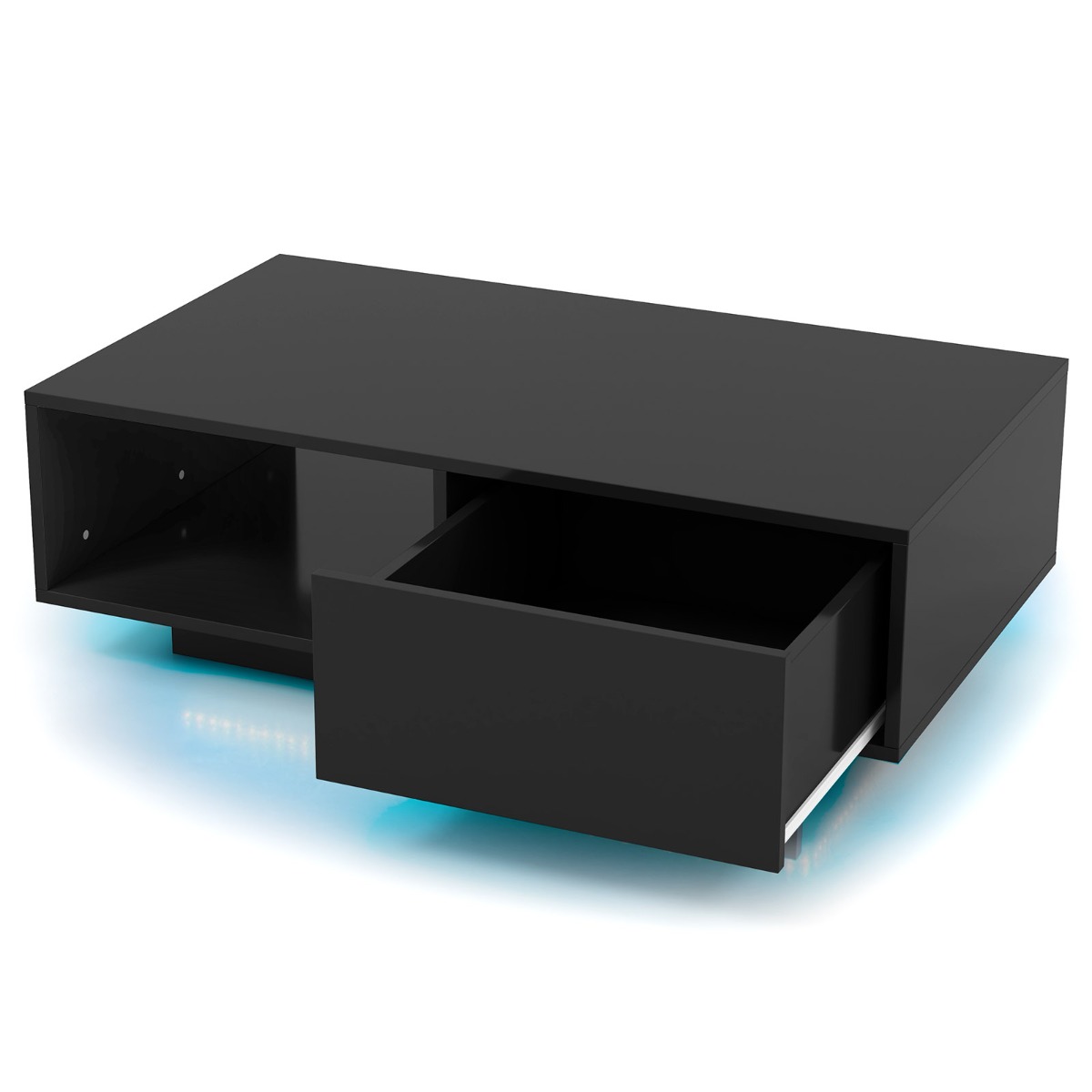 Moderni sohvapöytä LED-valoilla 20 väriä 95x55x31 cm olohuoneen pöytä suurella laatikolla ja lokerolla musta