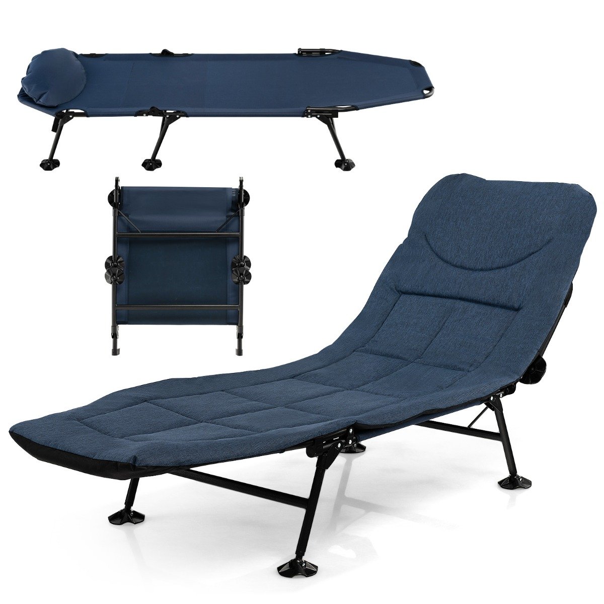 Kokoontaitettava retkisänky irrotettavalla patjalla ja säädettävällä selkänojalla - tummansininen