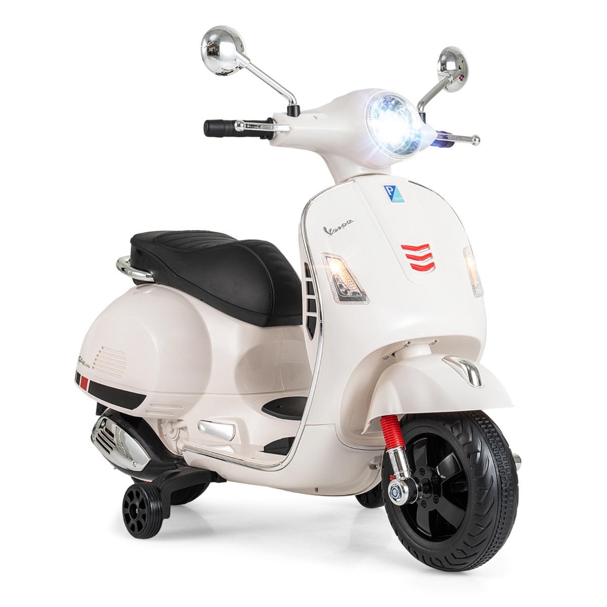 Lisensoitu 12 V:n Vespa-sähkömoottoripyörä lapsille, nelipyöräinen moottoripyörä musiikilla, äänimerkillä, tarinoilla ja apupyörillä 3–6-vuotiaille, valkoinen