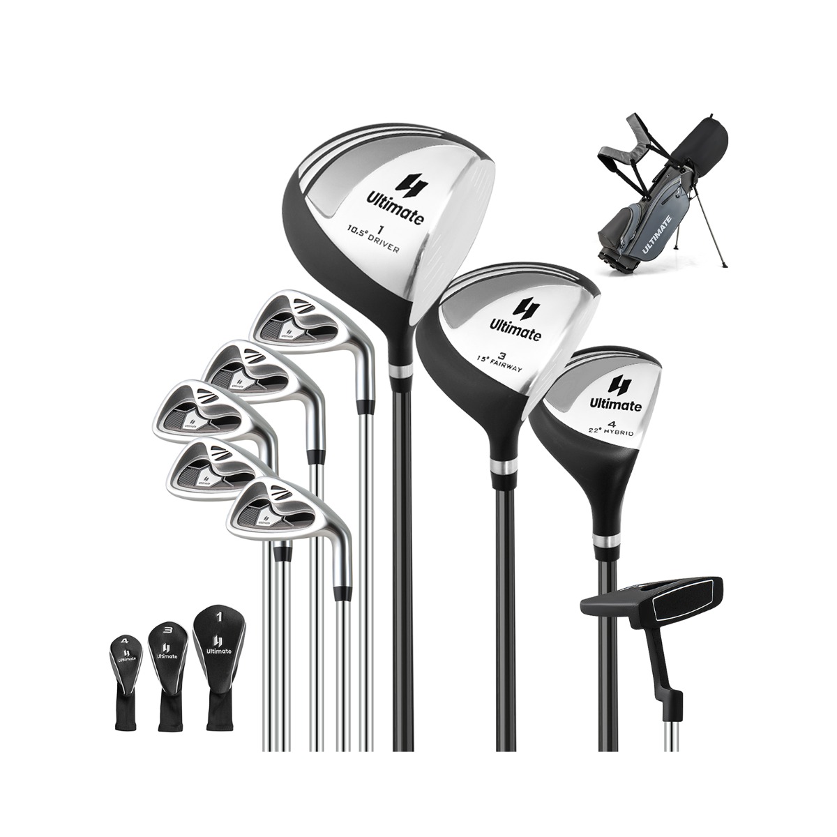 9-osainen aloittelijan golfmailasetti ja telinebägi, ergonominen muotoilu, kestävä metalli, harmaa