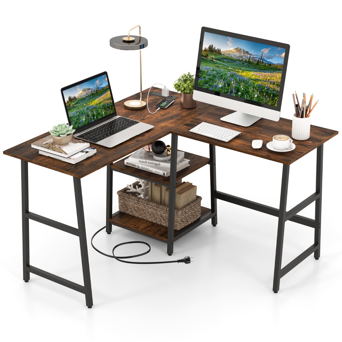 L-muotoinen kulmapöytä pistorasioilla ja USB-porteilla 120 x 120 x 75 cm maalaismainen ruskea