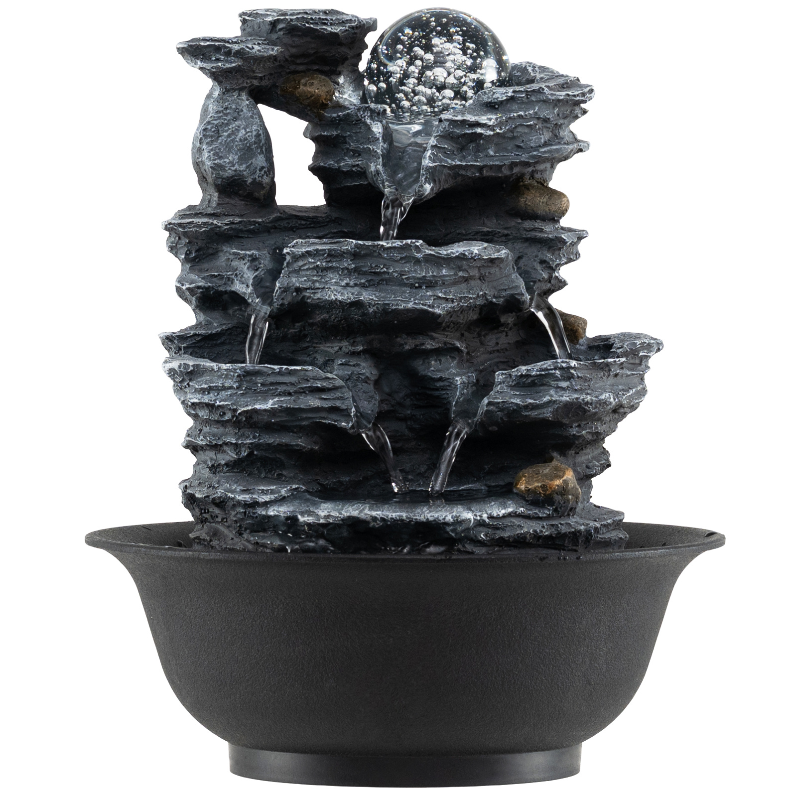 Rentouttava Zen Cascade -sisäsuihkulähde värikkäällä LED-valolla, hiljaisella pumpulla, kristallipallolla, 21,5 x 26 cm, musta