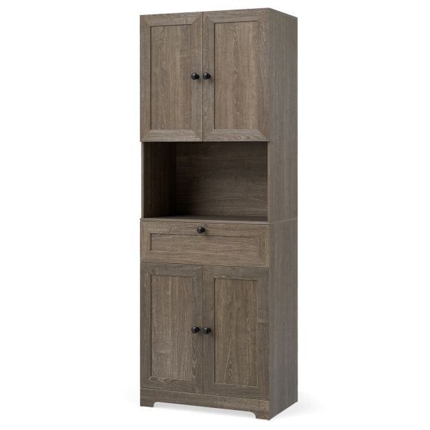 3-tasoinen kylpyhuoneen kaappi, 172 cm puinen säilytyskaappi, 4 ovea, 1 laatikko, avoin lokero ja säädettävä hylly, harmaa