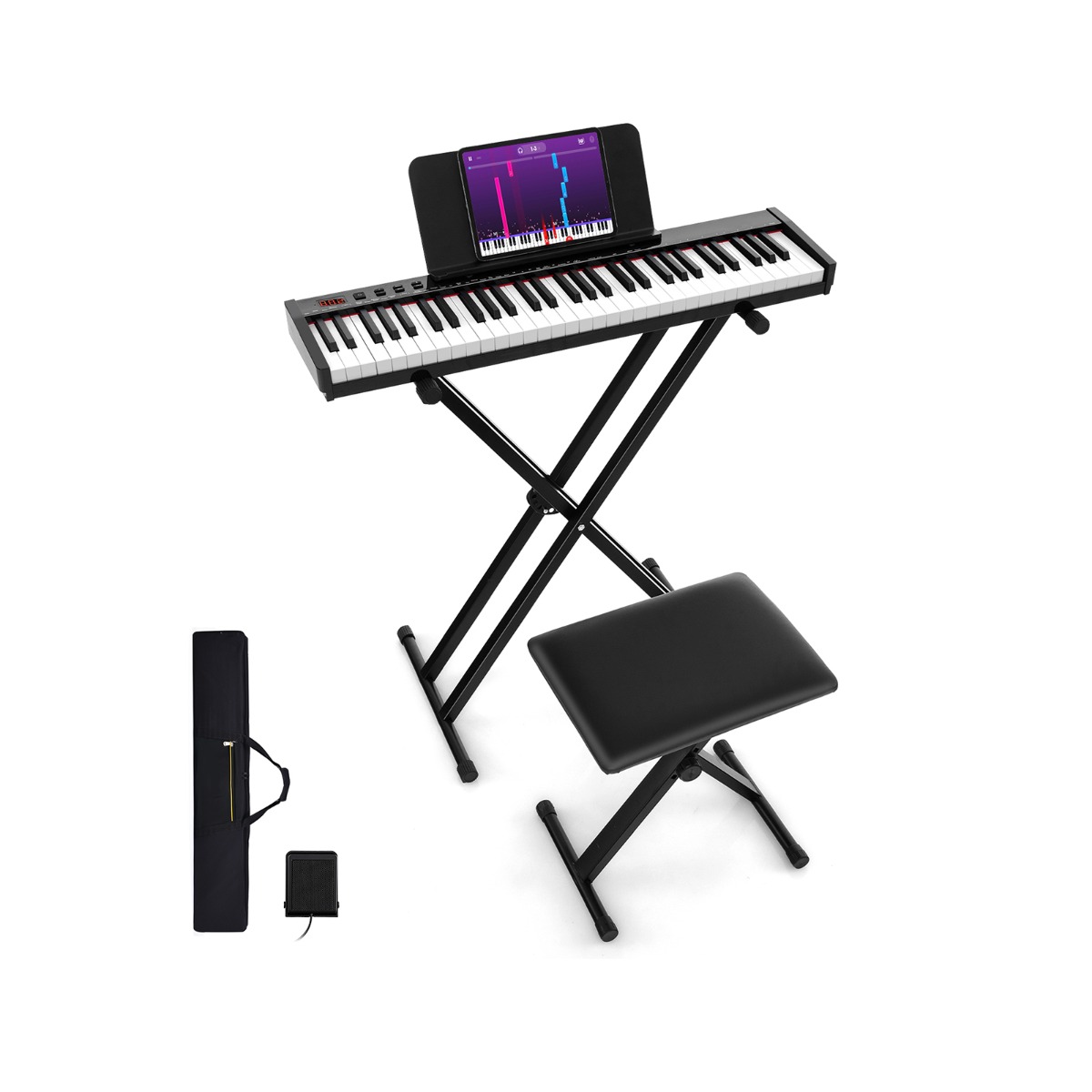 Kaasaskantav 61 klahviga elektrooniline süntesaator-keyboard, komplektis reguleeritav stend ja tool, must