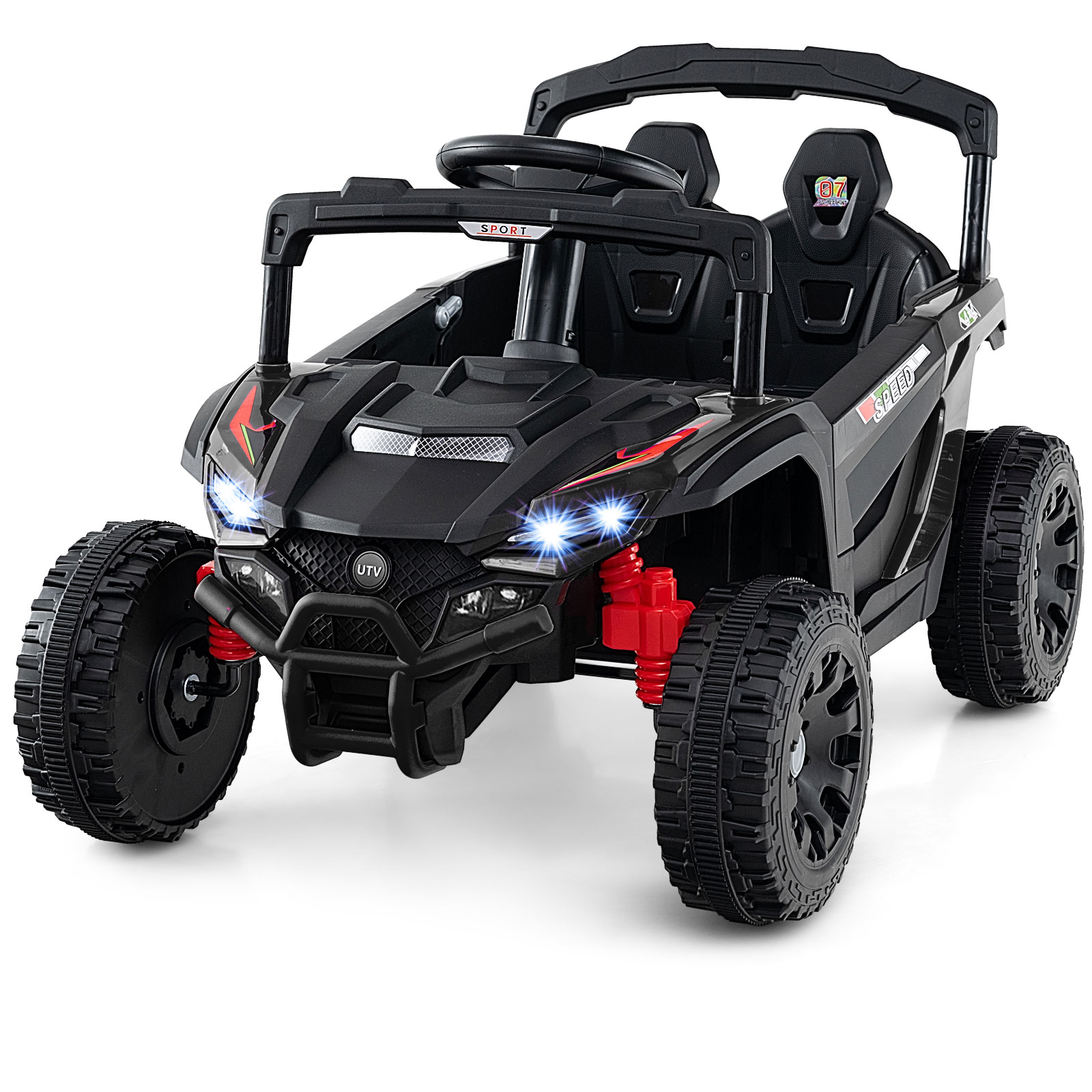 Võimas 12 V laste elektriauto ja suur kaugjuhtimispuldiga UTV-veok, turvaline maastur poistele ja tüdrukutele, must