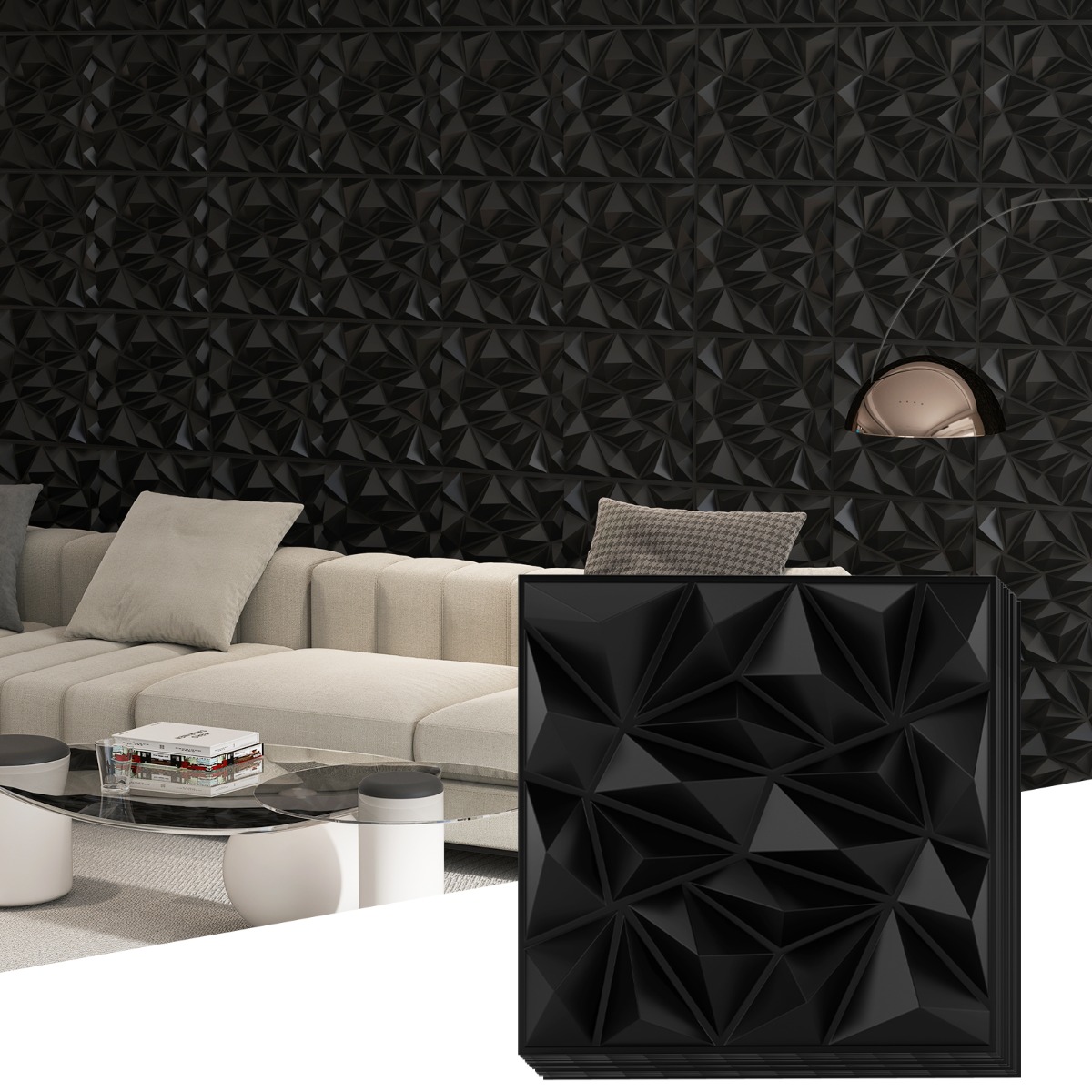 Suured teemant-disainiga 3D seinapaneelid ja reljeefsed dekoratiivsed seinaplaadid (20 tk komplekt, 50 x 50 cm, katab 5 m²), must