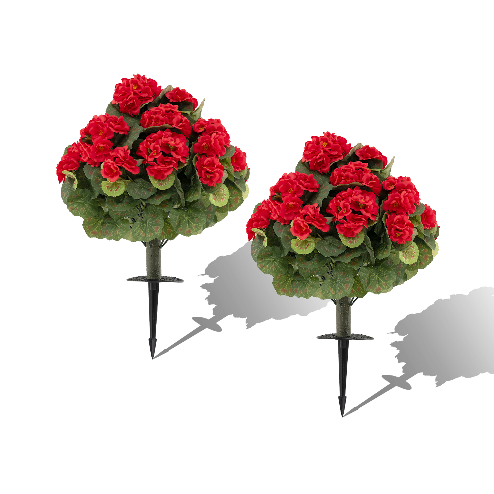 2 keinotekoisen pelargonian setti, jossa on PE-varret, silkkilehdet ja maatuet; realistinen ulkonäkö; sopii sisä- ja ulkokäyttöön; punainen
