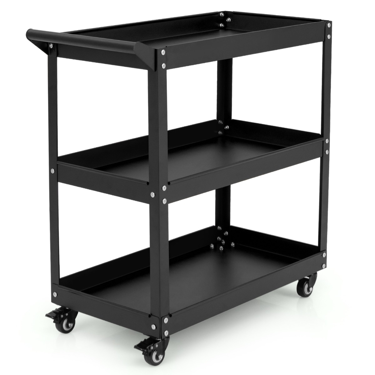 Mahukate riiulite ja 4 pööratava rattaga kolmetasandiline metallist abikäru ja tööriistakäru (73 x 36 x 75 cm), must