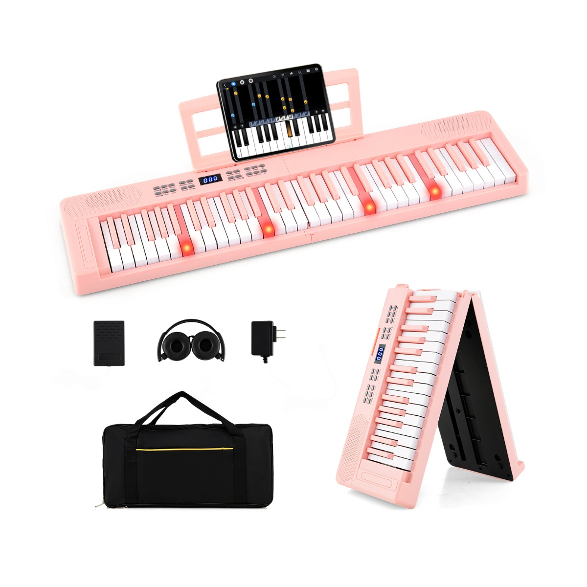 Lasten kokoontaitettava piano 61 koskettimella, täysikokoinen elektroninen koskettimisto MIDI- ja jakotoiminnolla, kuulokkeet ja sustain-pedaali, vaaleanpunainen