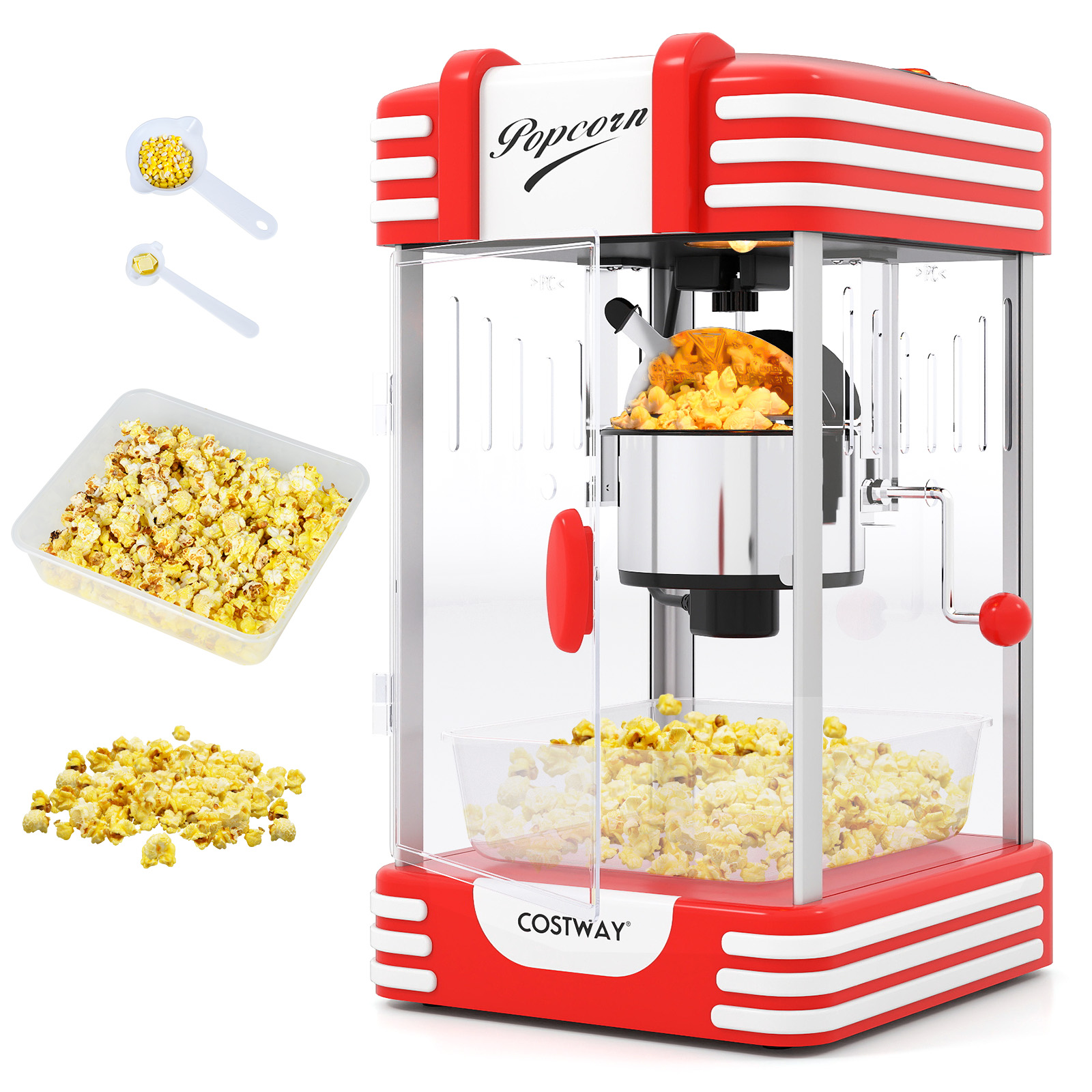 Retro-popcorn-kone 300 W:n popcorn-kone elokuvateatterityyliin, lämmittävällä valolla ja käsikammella