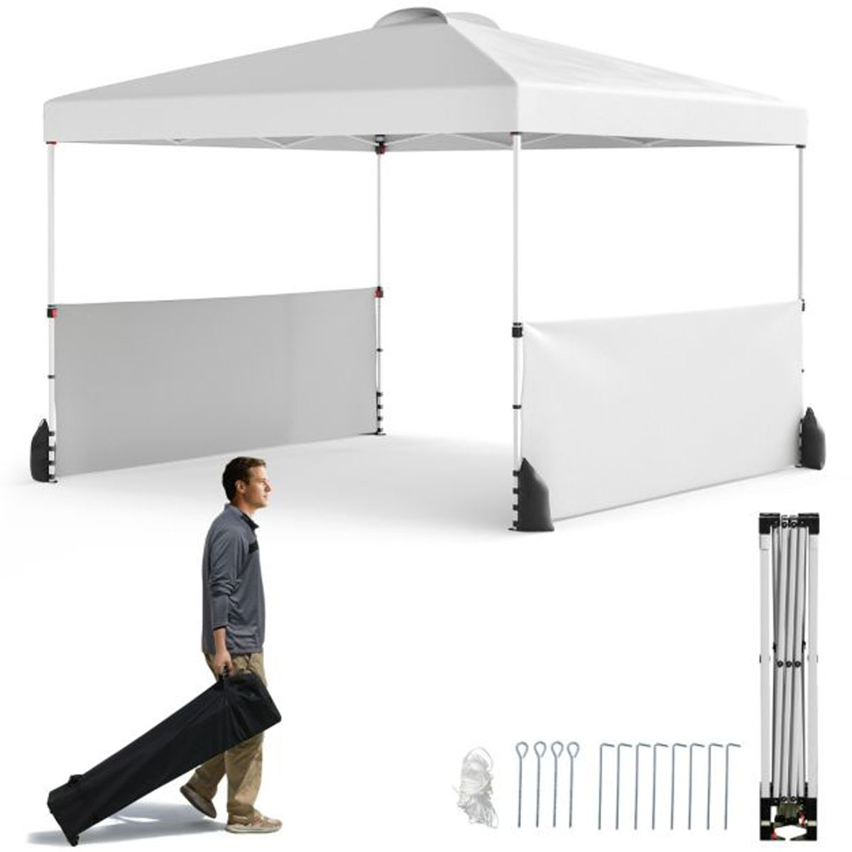 Kahe külgpaneeli, vaiade, pingutusköite ja 4 liivakotiga veekindel pop-up aiatelk ning kokkupandav paviljon (3 x 3 m), valge