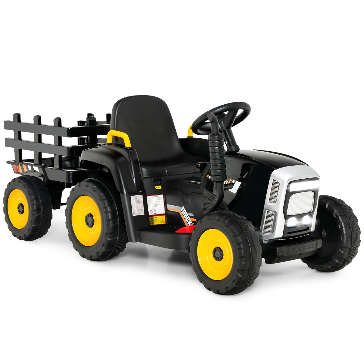 Eemaldatava haagisega 12 V laste elektri-traktor, kaugjuhtimispuldi ja heliefektidega mänguauto, must