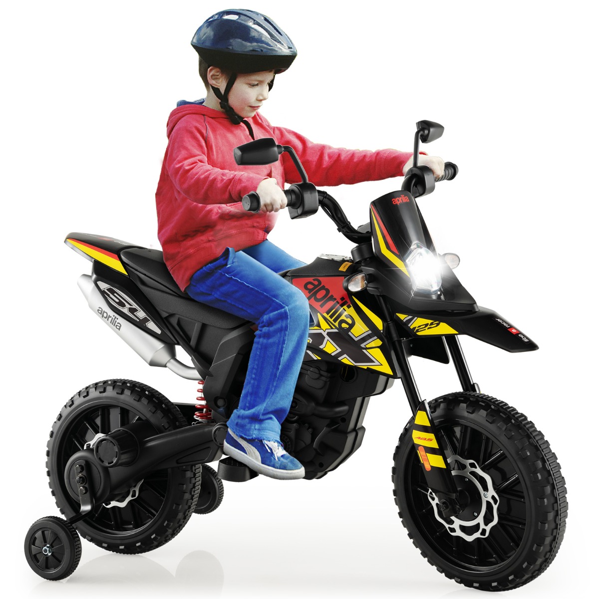 12 V lasten sähkömoottoripyörä tukipyörillä Aprilia lisensoitu sähkömoottoripyörä musta
