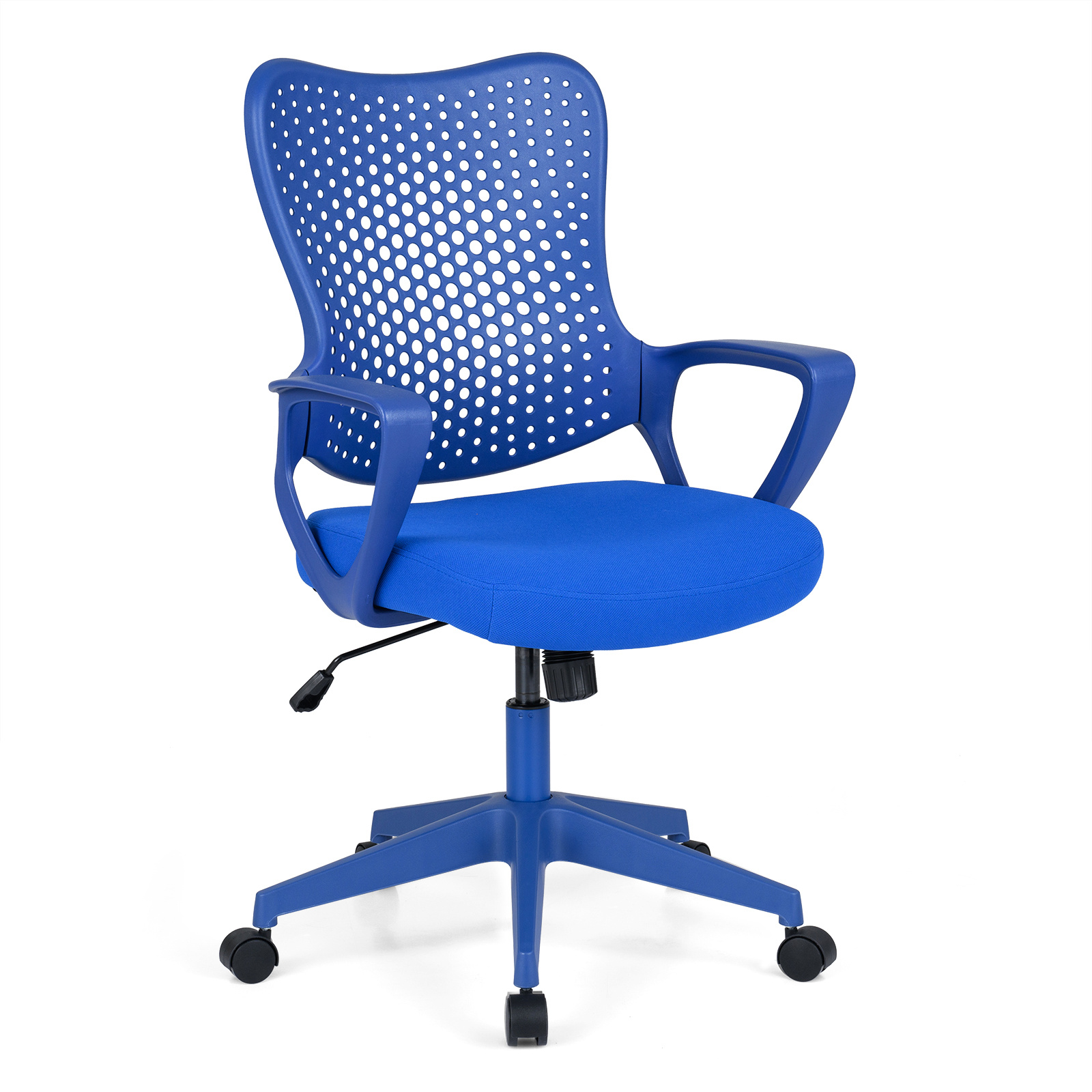 Ergonominen ja pyörivä työtuoli käsinojilla, hengittävä selkänoja, verkko- ja vaahtomuoviistuin, säädettävä korkeus, 150 kg:n kantavuus, sininen