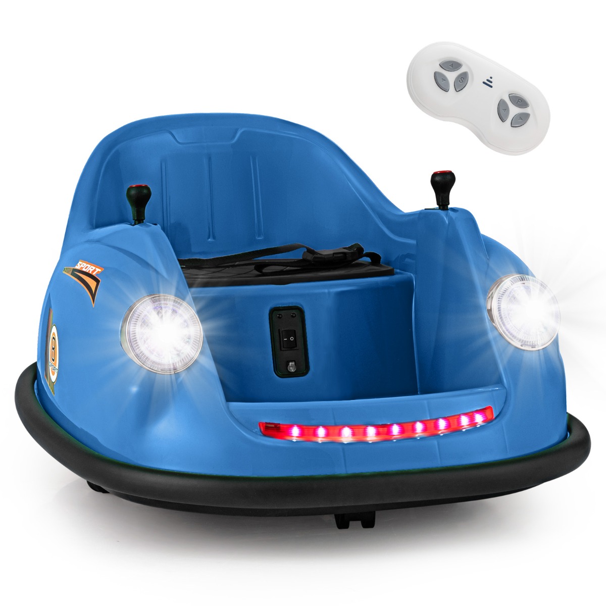 12 V:n sähköinen törmäilyauto lapsille, akkukäyttöinen, kaukosäädin, LED-valot, musiikkia, 2–5-vuotiaille, sininen