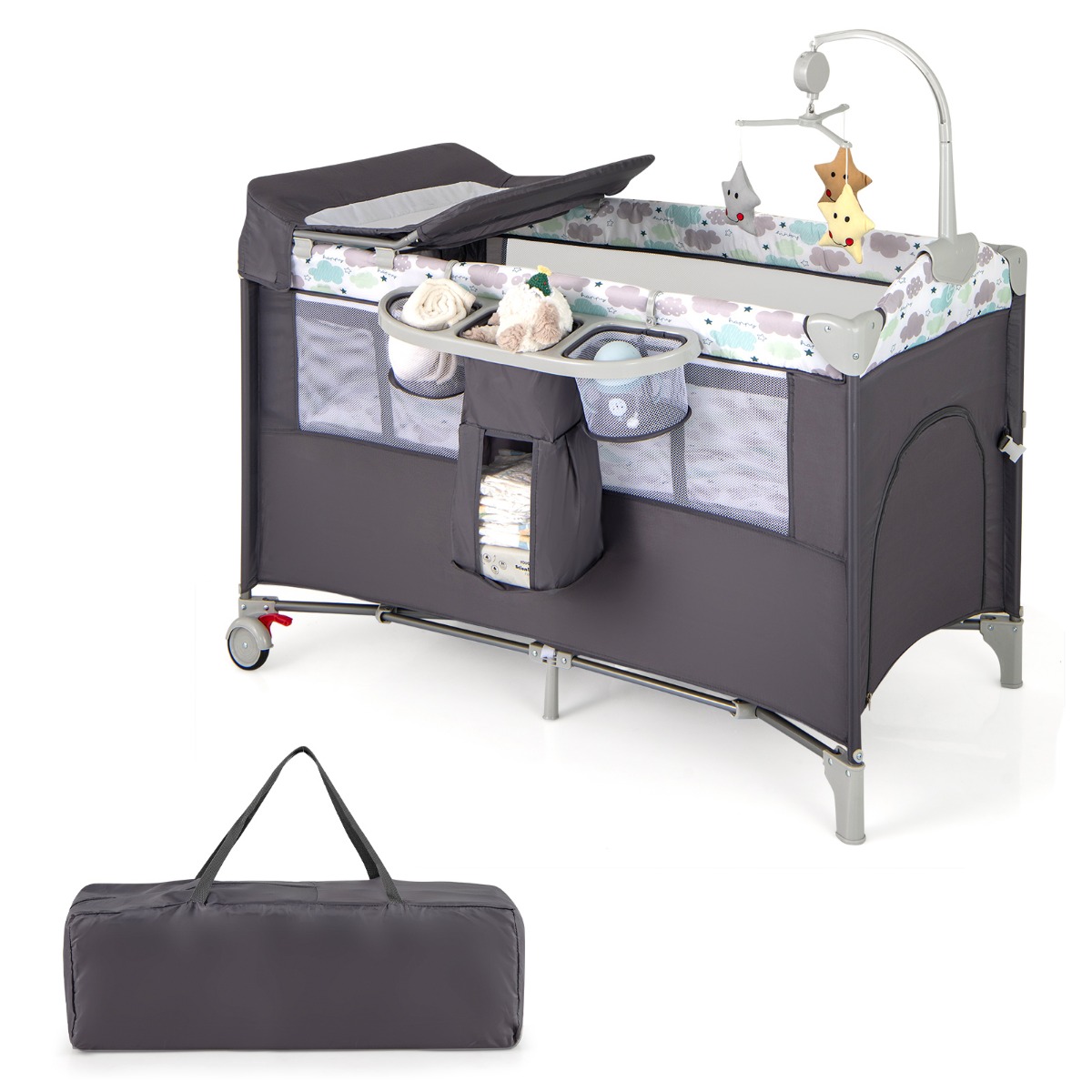 5-in-1 kokoontaitettava matkasänky patjalla, 2-tasoinen vauvansänky pyörillä, harmaa