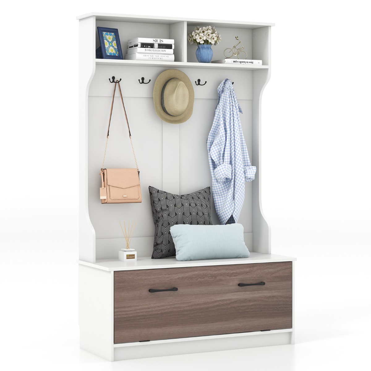 Istme ja 5 topeltkonksuga riidenagi, stabiilne Flurgarderobe ja kingapingiga esikunagi (100 x 40 x 160 cm), valge