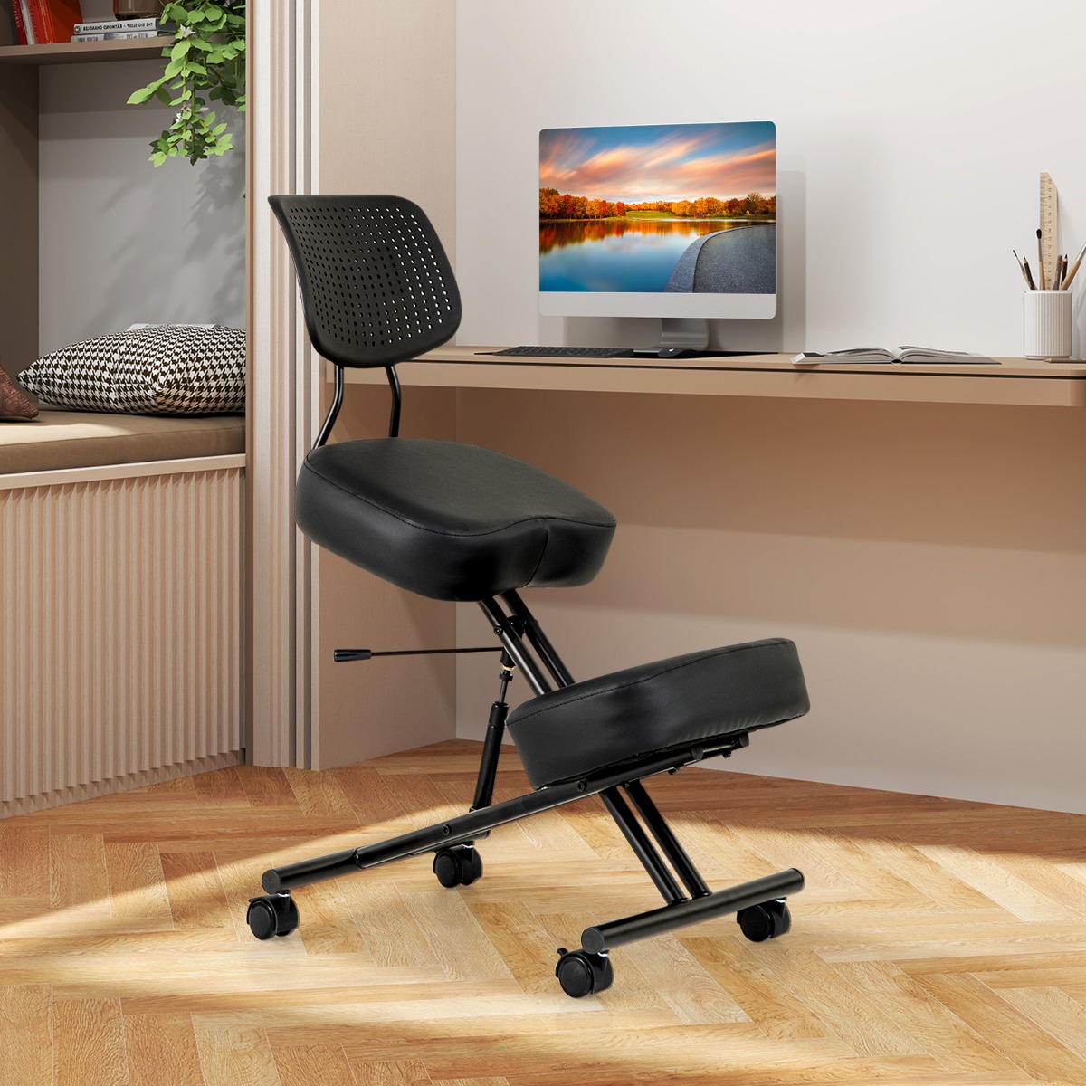 Ergonominen polvistuva tuoli ryhtikorjausjakkara selkätuella