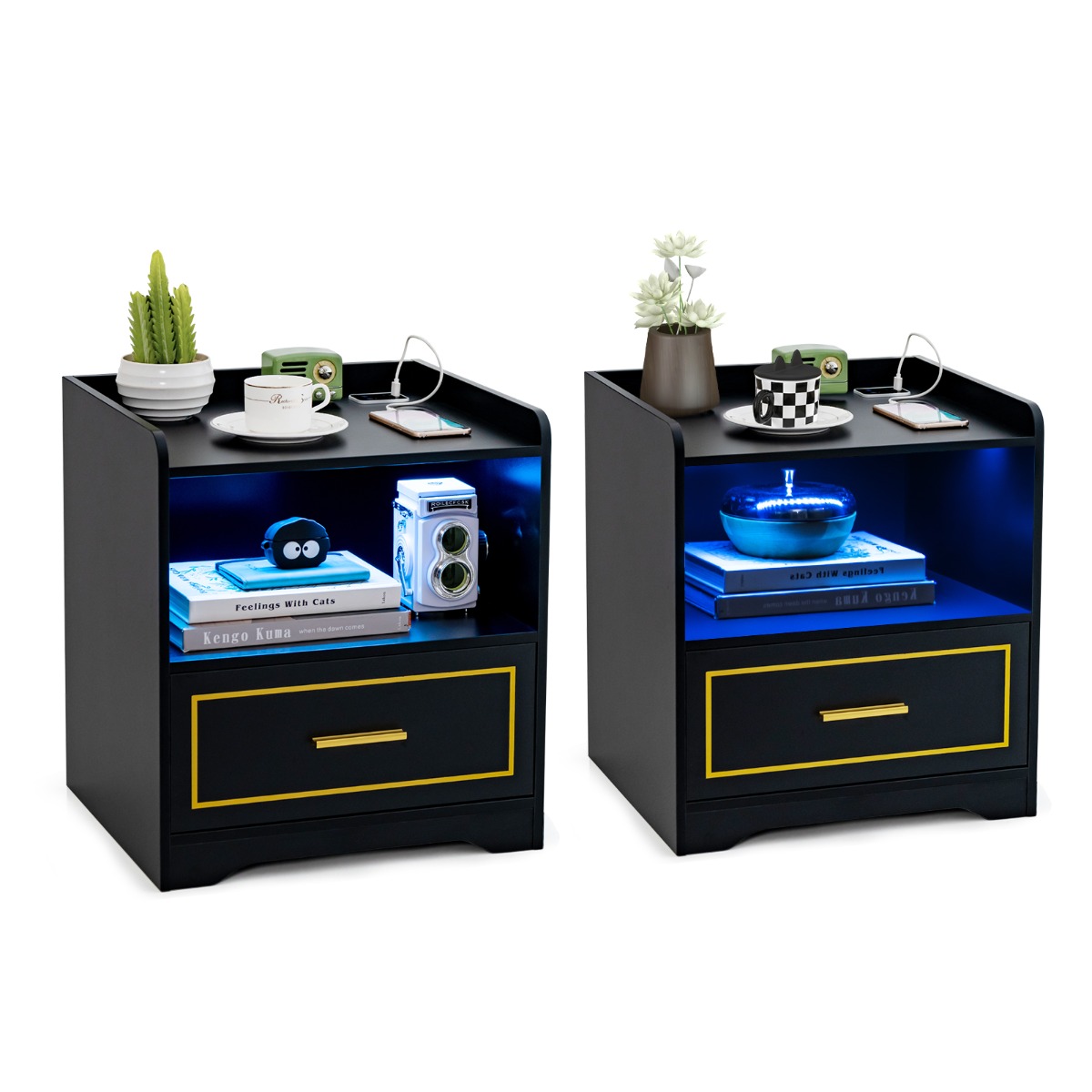 2 yöpöydän setti LED-valolla, USB-portilla ja C-tyypin latausasemalla, yöpöytä liiketunnistimella, musta