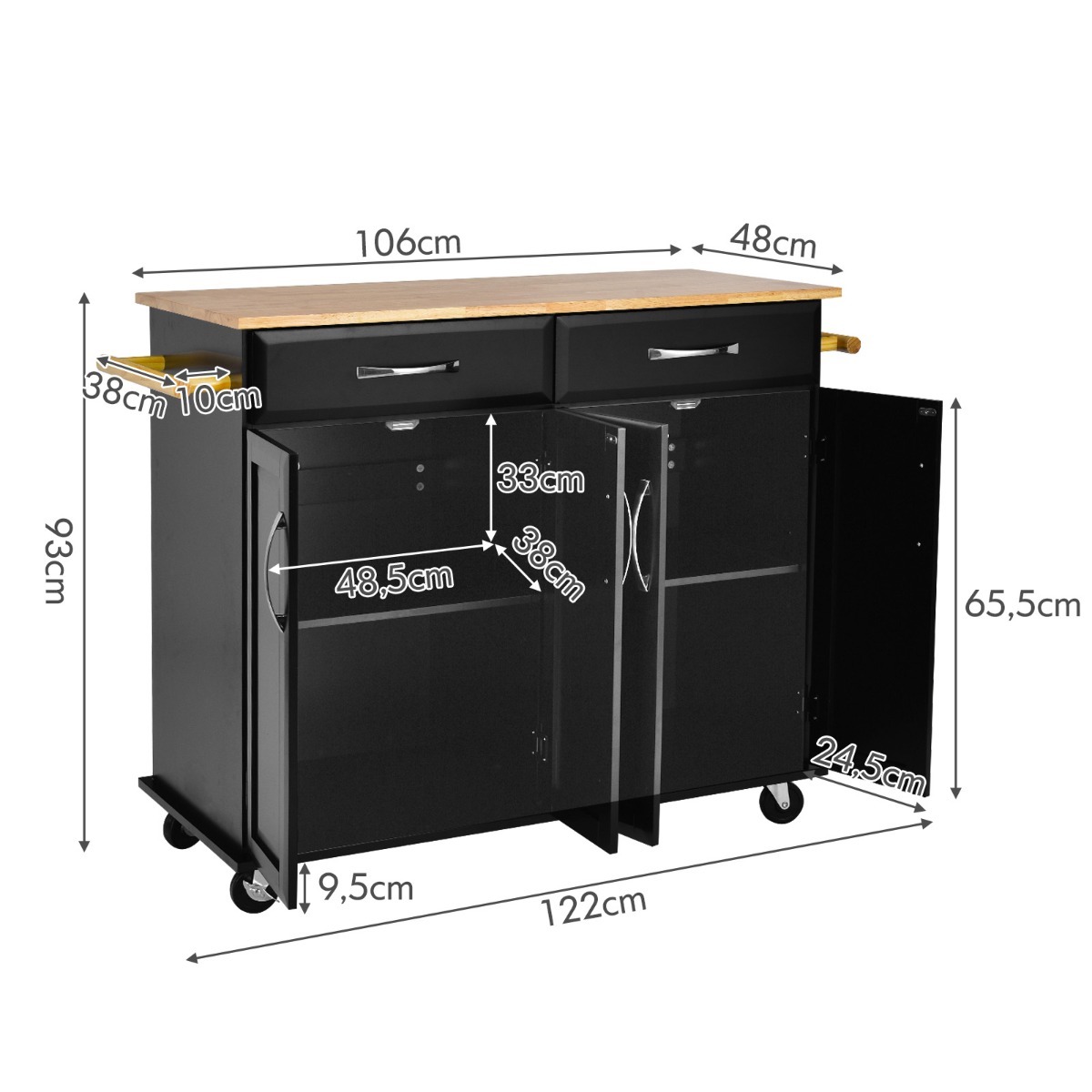 Kummipuidust töötasapinna ja 4 uksega ratastel köögisaar ning mobiilne serveerimiskäru (122x48x92 5 cm) must