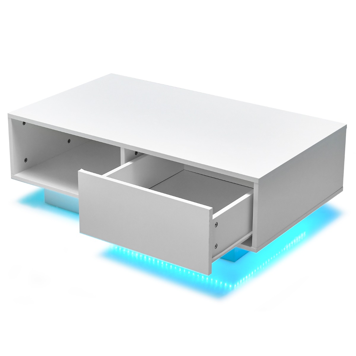 Moderni sohvapöytä LED-valoilla 20 värillä 95x55x31 cm olohuoneen pöytä suurella laatikolla ja lokerolla valkoinen
