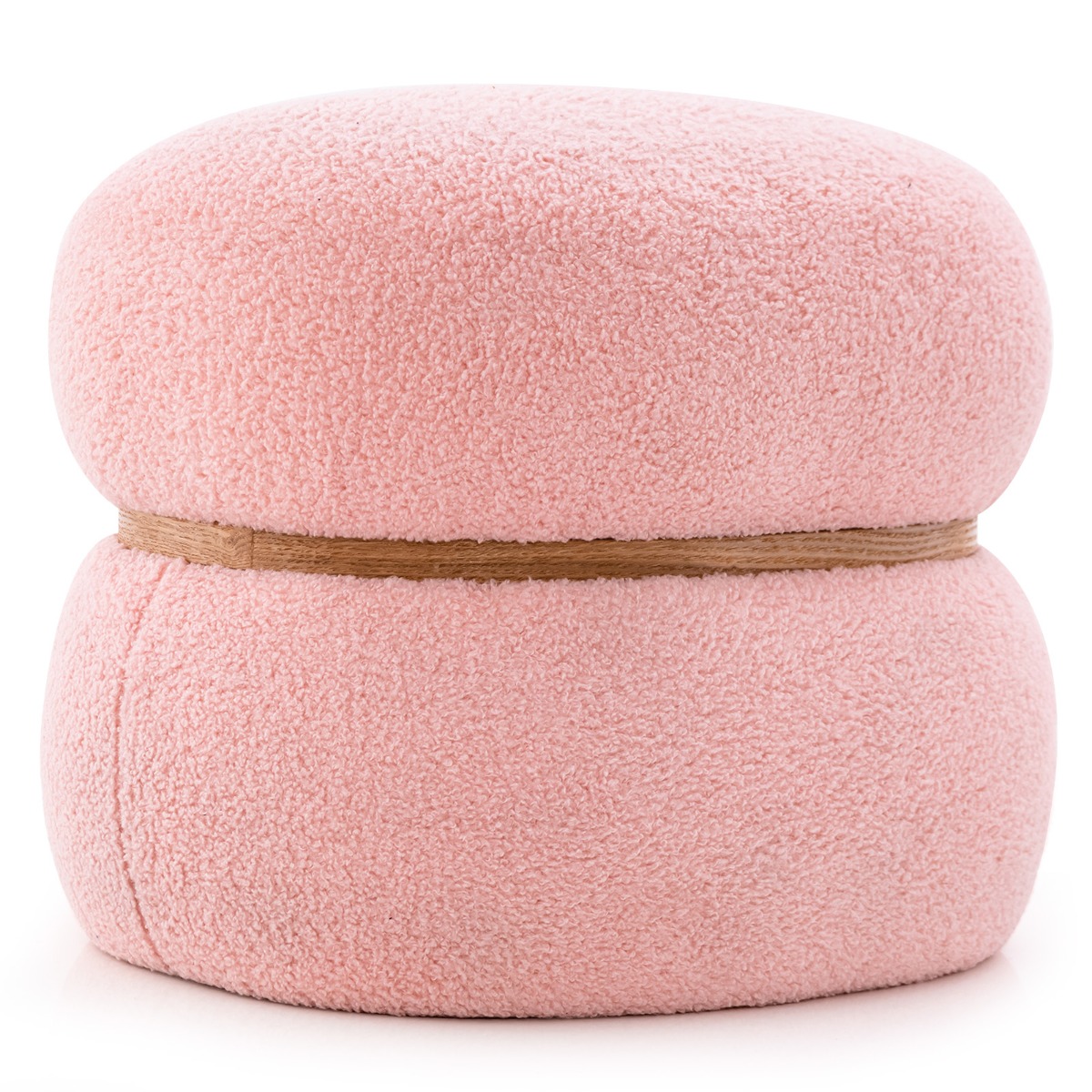 Soikea jakkara, jossa liukumattomat jalkatyynyt. Verhoiltu jakkara, valmistettu sherpa-pinkistä.