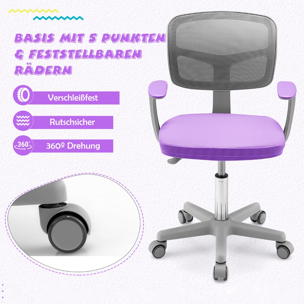 Lasten tietokonetuoli säädettävällä korkeudella, lannetuki kotiin, kouluun, toimistoon - violetti