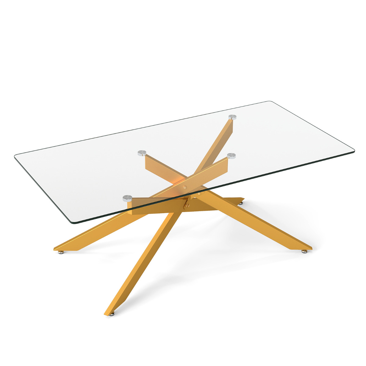 Lasinen sohvapöytä, suorakaiteen muotoinen keskipöytä karkaistulla lasikannella ja putkimaisilla metallijaloilla, pöytä 120 x 60 x 45,5 cm, kulta