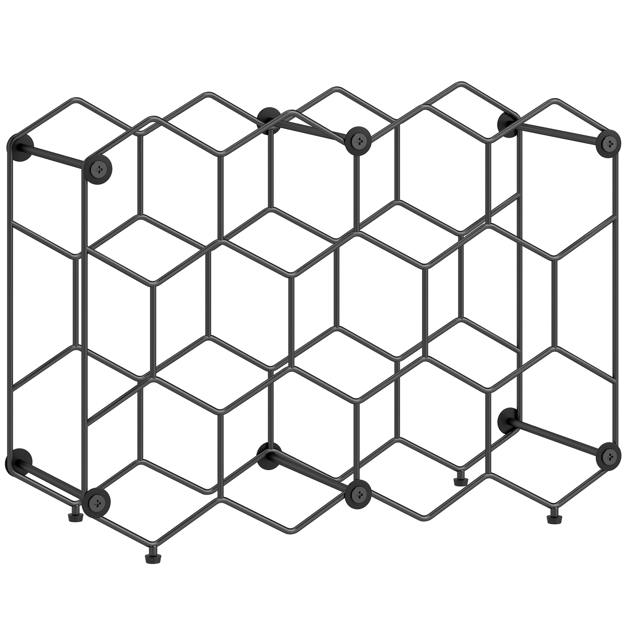 Viinipulloteline 13 pullolle, hunajakennomainen muotoilu, säädettävät jalat, kaatumisenesto, metalli, 43 x 15,5 x 31 cm, musta