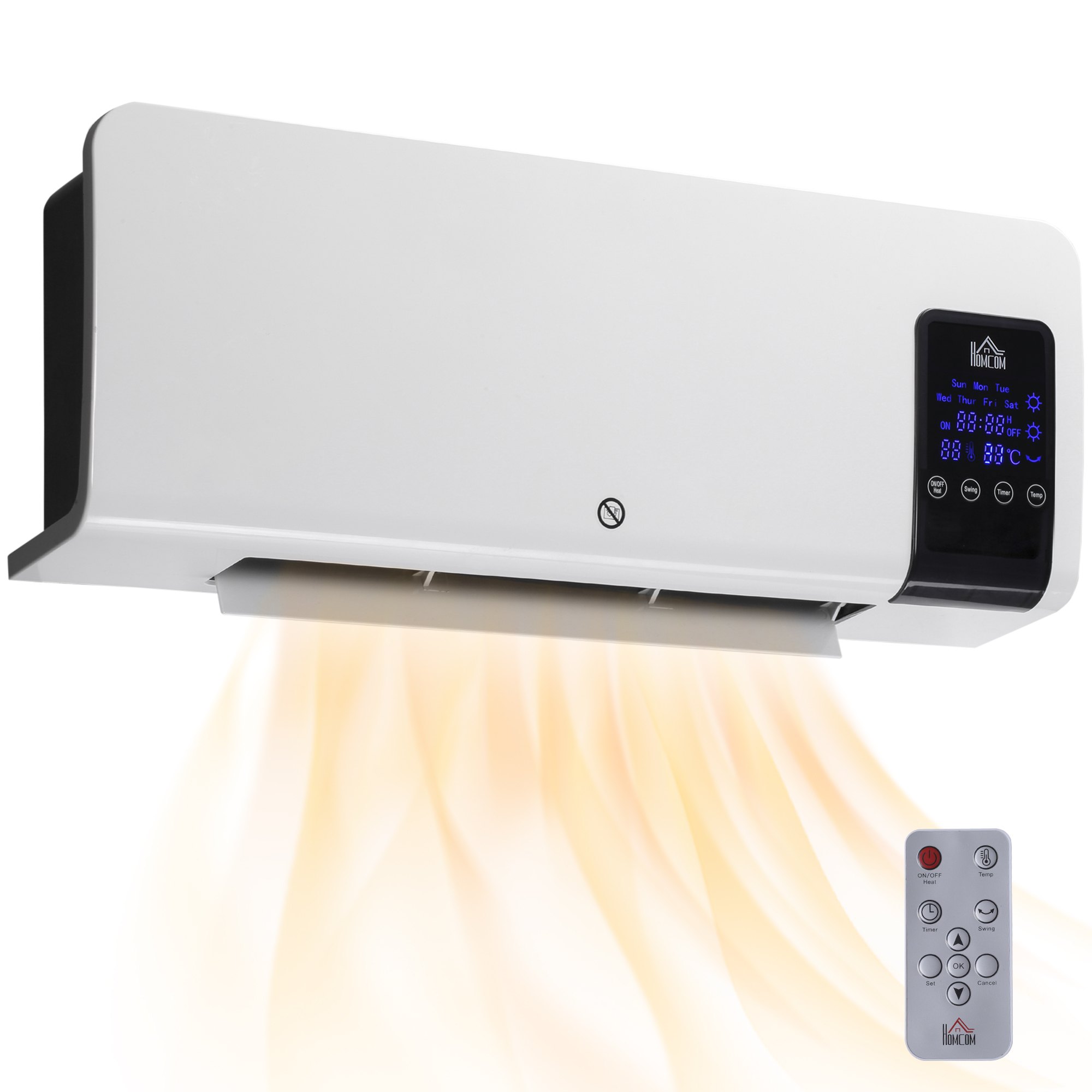 Sähkölämmitin, seinään kiinnitettävä, oskillointitoiminto, 2 tilaa, ajastin, LED-näyttö, valkoinen