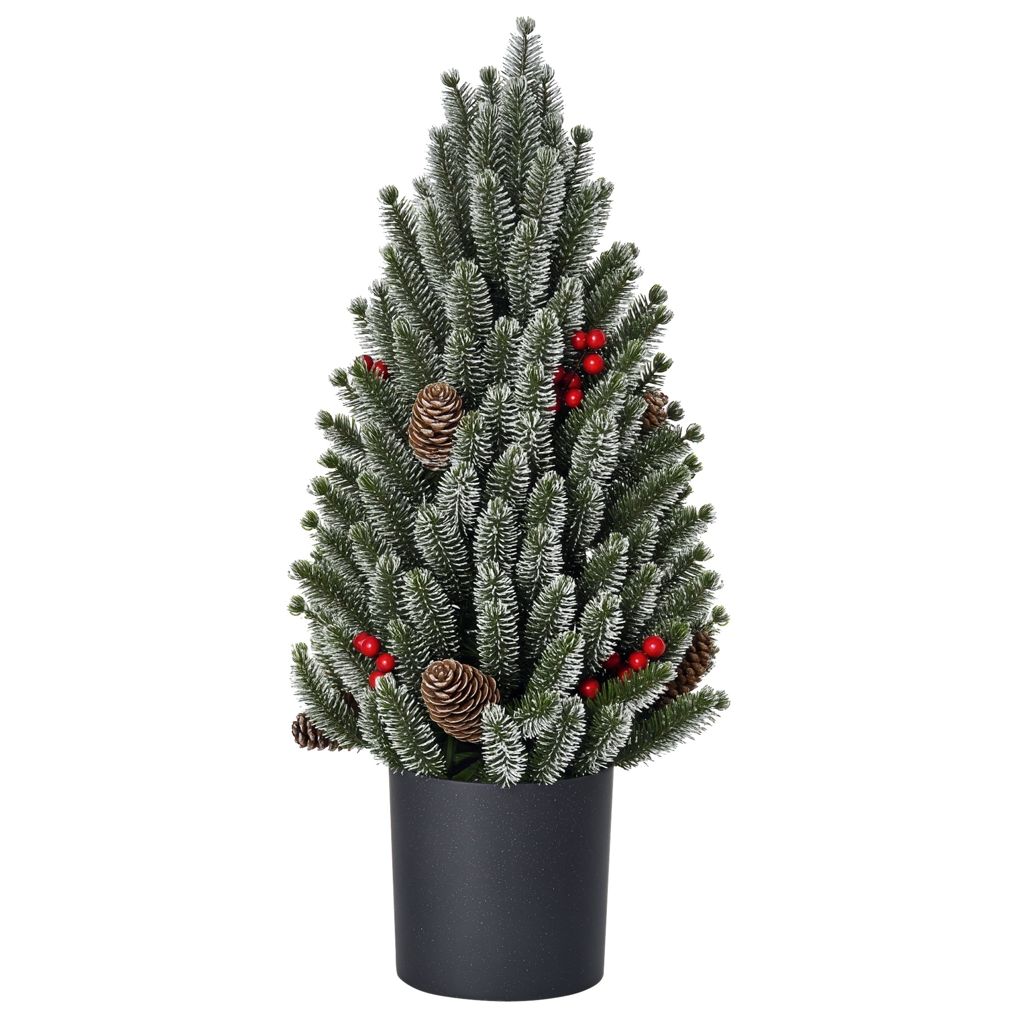 Minijoulukuusi käpyillä, punaisilla marjoilla ja ruukulla, 50 cm korkea, monivärinen