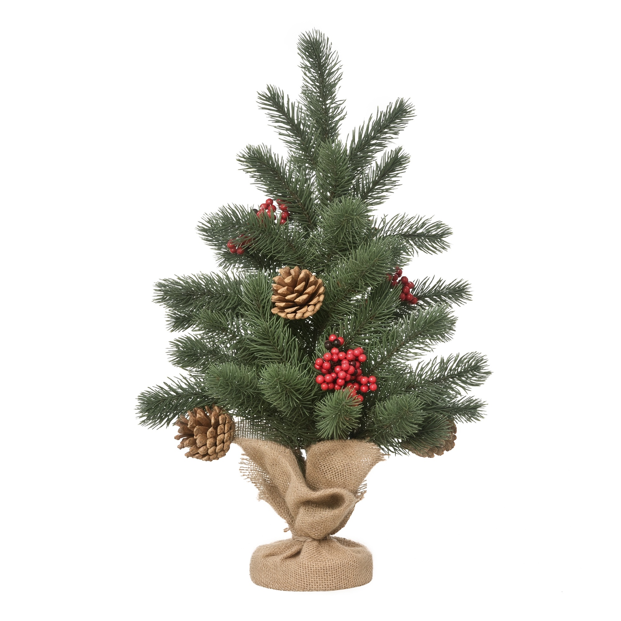 Mini joulukuusi joulukoriste, sis. koristeet, punaiset marjat, 50 cm korkea, sis. sementtijalustan, vihreä + monivärinen