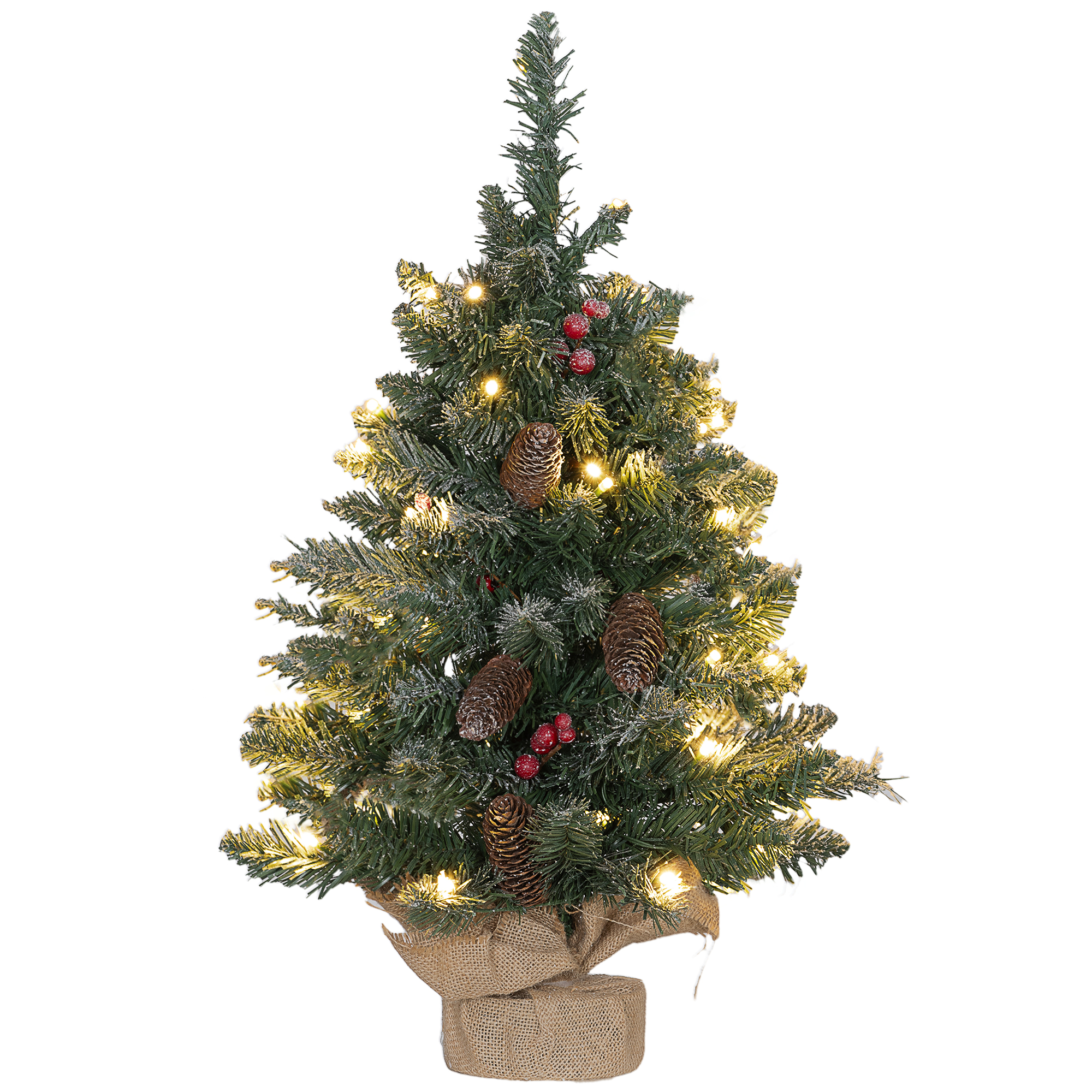 Joulukuusi LED-valaistuksella, 60 cm, käpyjä ja punaisia ​​marjoja, sisältää jalustan, vihreä/valkoinen