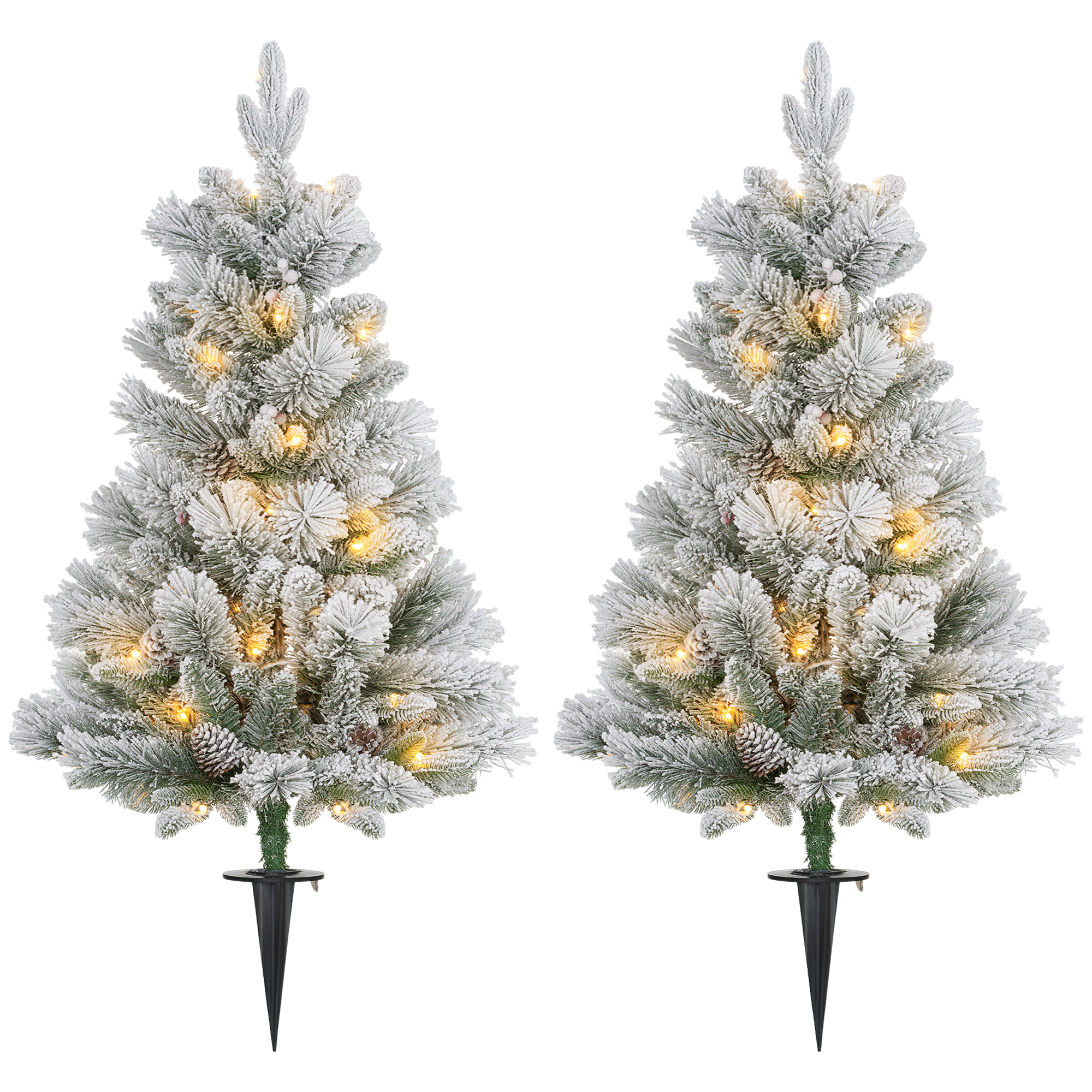Joulukuusi LED-valaistuksella, 2 kpl:n setti, 107 cm, kävyt, punaiset marjat, palonkestävä, vihreä/valkoinen