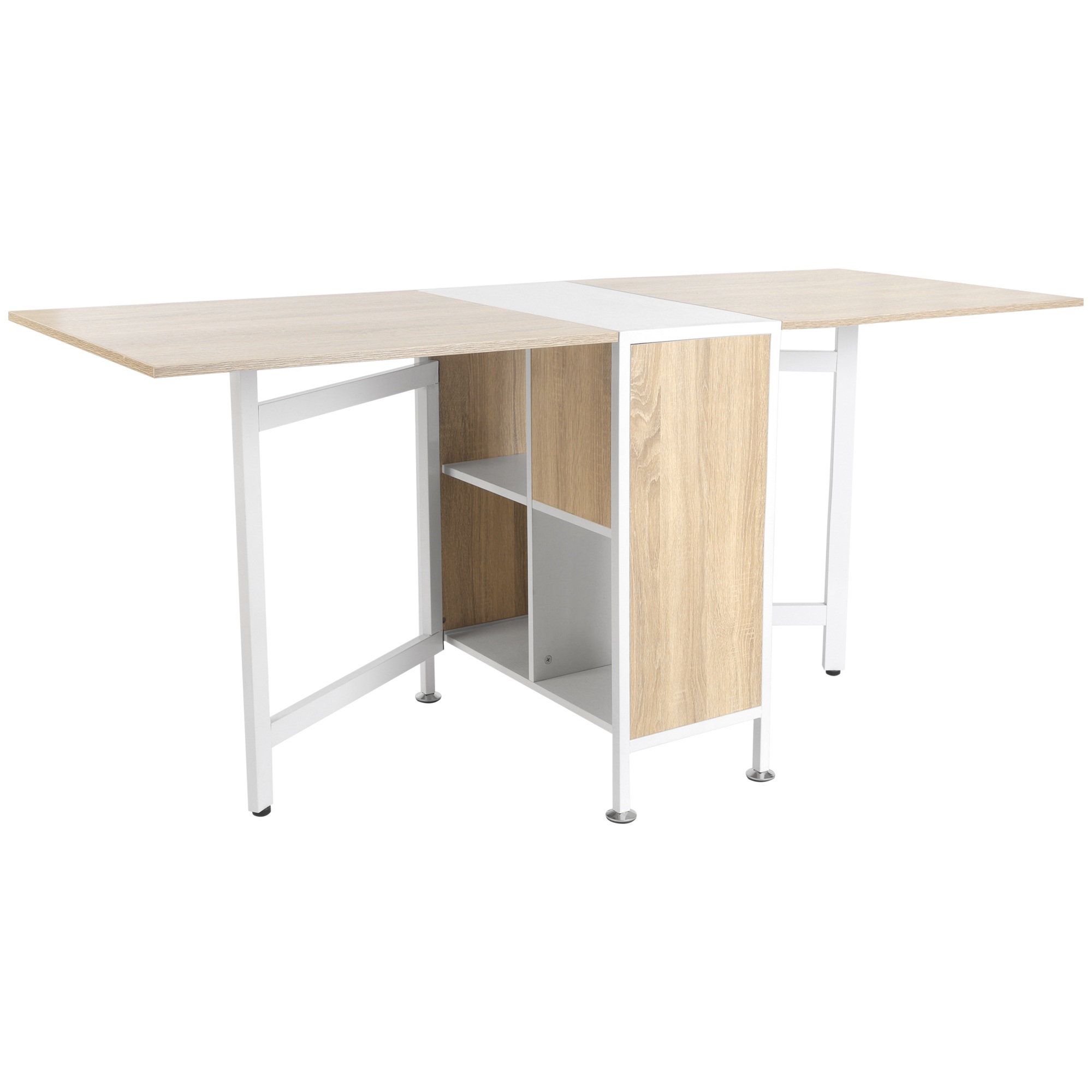 Kokoontaitettava pöytä, ruokapöytä, sivupöytä, säilytystilaa olohuoneeseen, keittiöön, tammipuu, metallirunko, luonnonvärinen ja valkoinen, 169 x 60 x 75 cm