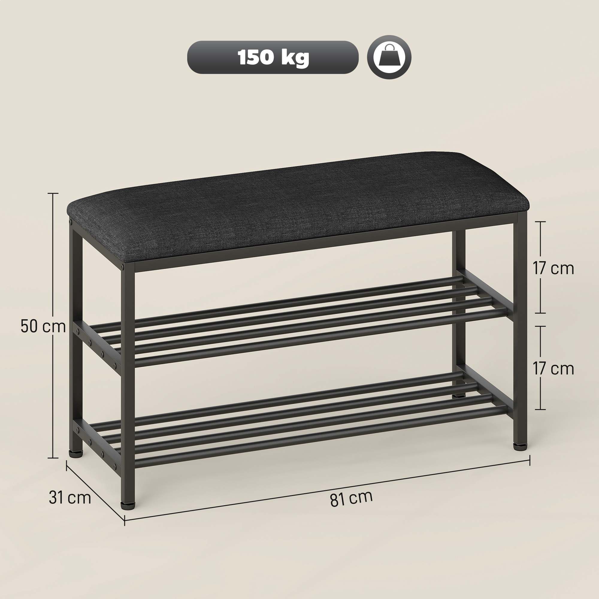 Kenkäpenkki istuimella, penkki säilytystilalla, kenkäteline kahdella avoimella lokerolla, penkki 81 x 31 x 50 cm musta