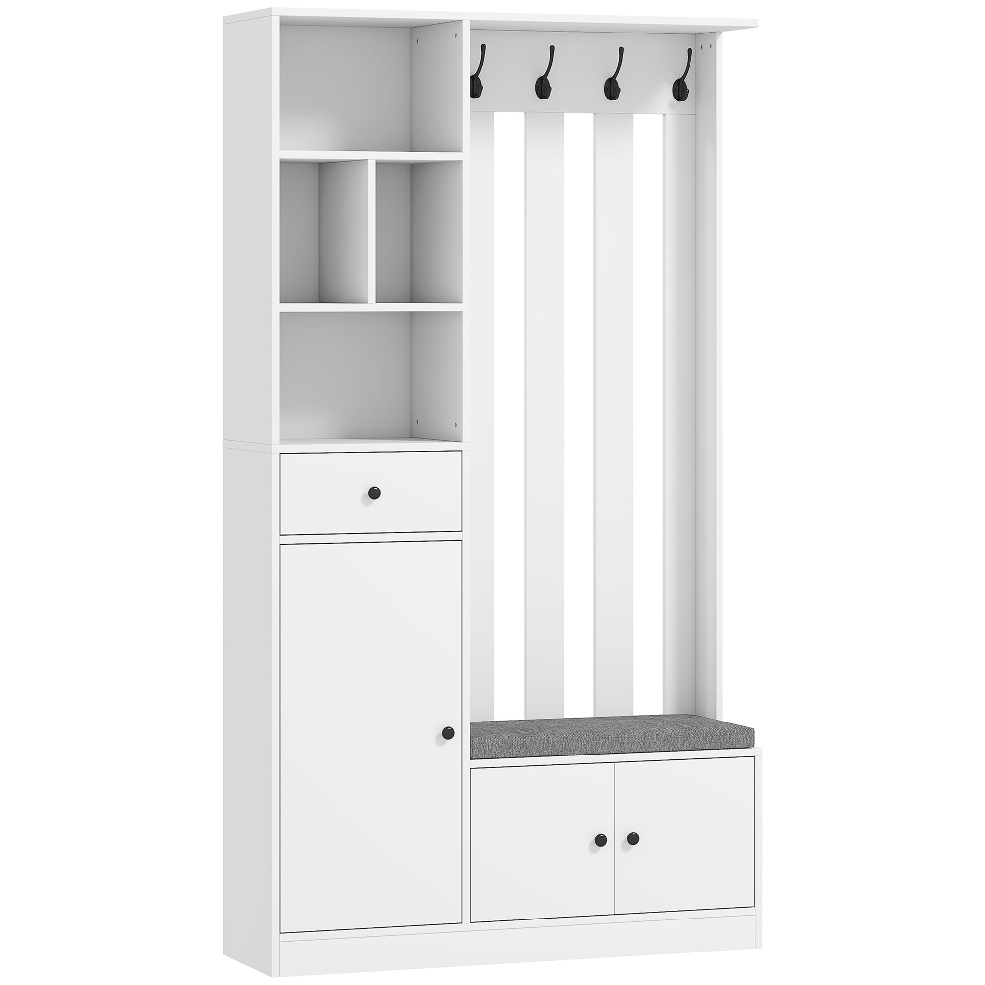 180 cm vaatekaappi vaaterekillä, kenkäpenkillä, 4 koukkua, avohyllyt, MDF, valkoinen