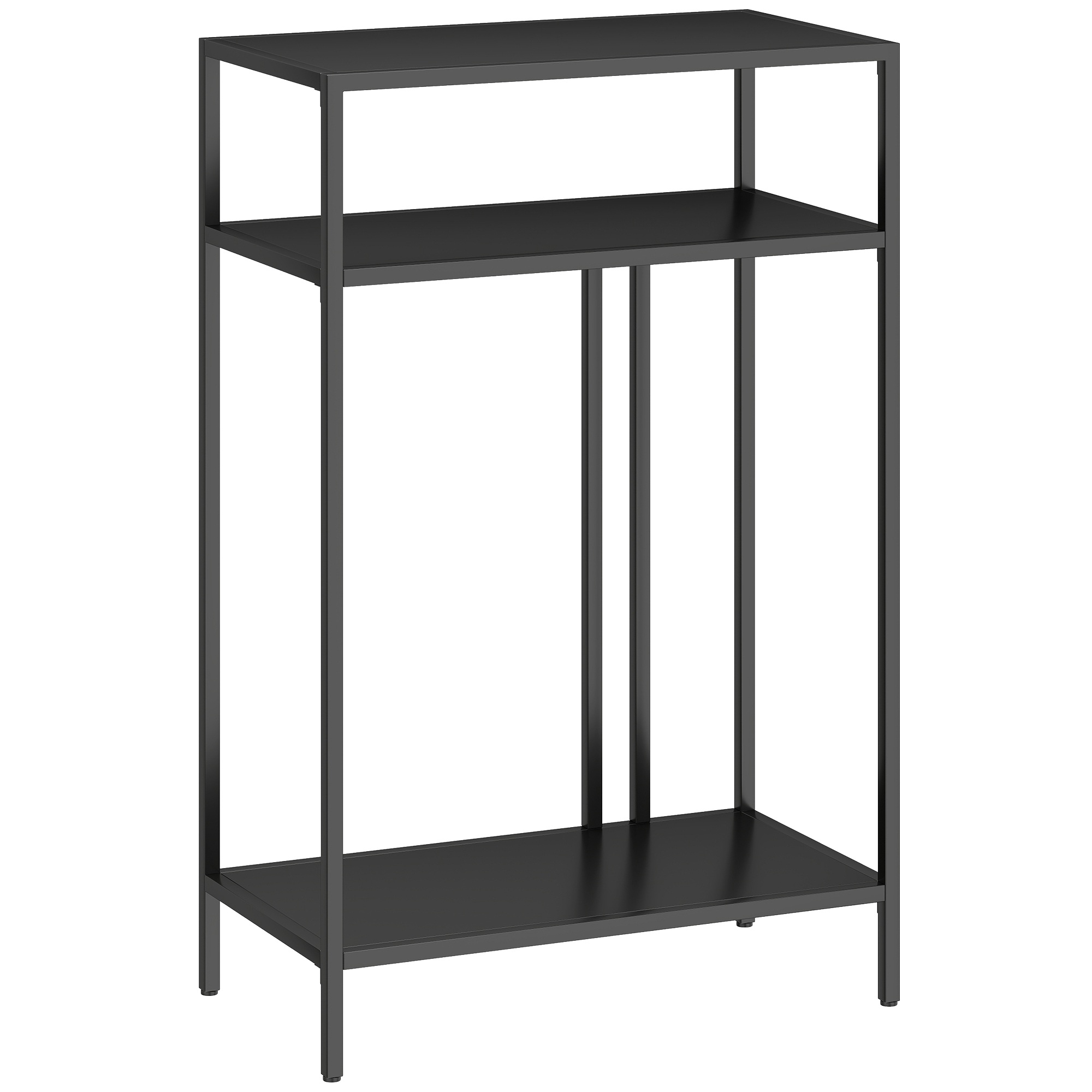 Konsolipöytä, jossa 3 hyllyä, kapea eteisen pöytä, teräsrunko olohuoneeseen/eteiseen, 55 cm, musta